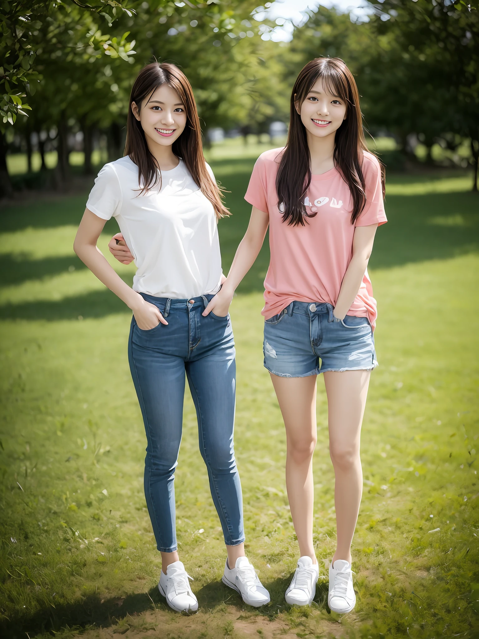 （超高分辨率，RAW photogr，realisticlying，tmasterpiece，best qualtiy：1.4），Complicated details，3个女孩，3 20 year old Korean girl，Wear a loose black T-shirt and skinny jeans，Stand on the grass and take pictures，hugs，Intimate relationships，Detailed meadow，A sweet smile on a small face，Ultra-realistic facial details，The face and skin are pink and white, and luminous，Playful and coquettish pose，The calves are straight and slender:1.2，Wear high-end brand sneakers:1.0，eventide：0.3，Broad lighting，naturalshadow：1.0，超高分辨率，taking a full body photo:1.8 --auto