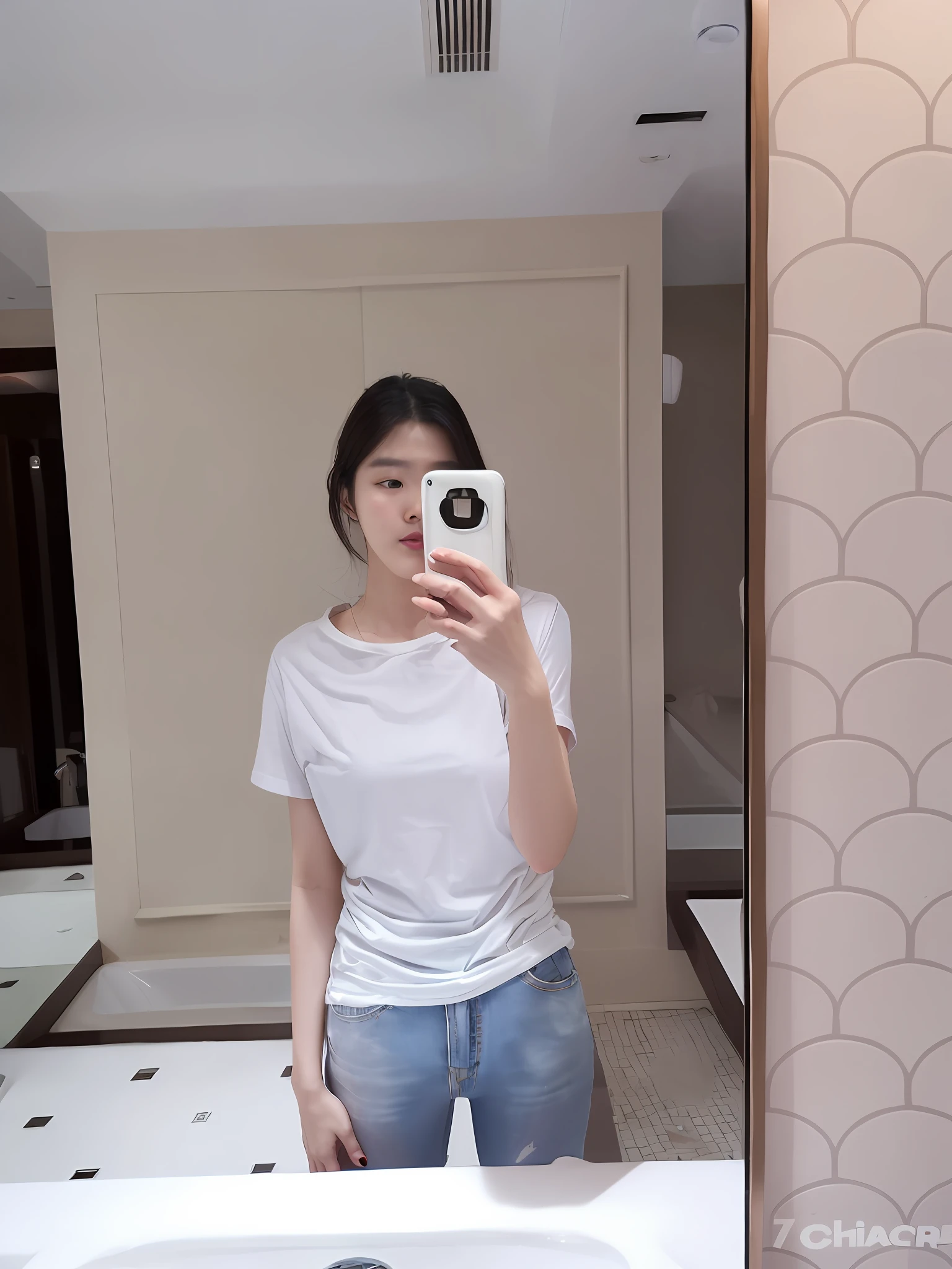 there is a woman taking a selfie in a bathroom mirror, dressed in a white t-shirt, pale milky white porcelain skin, dressed in a white t-shirt, wearing white clothes, Choi Hyun-hwa, height of 165cm, shin min jeong, 155 cm tall, with a long white, White T-shirt, white t - shirt