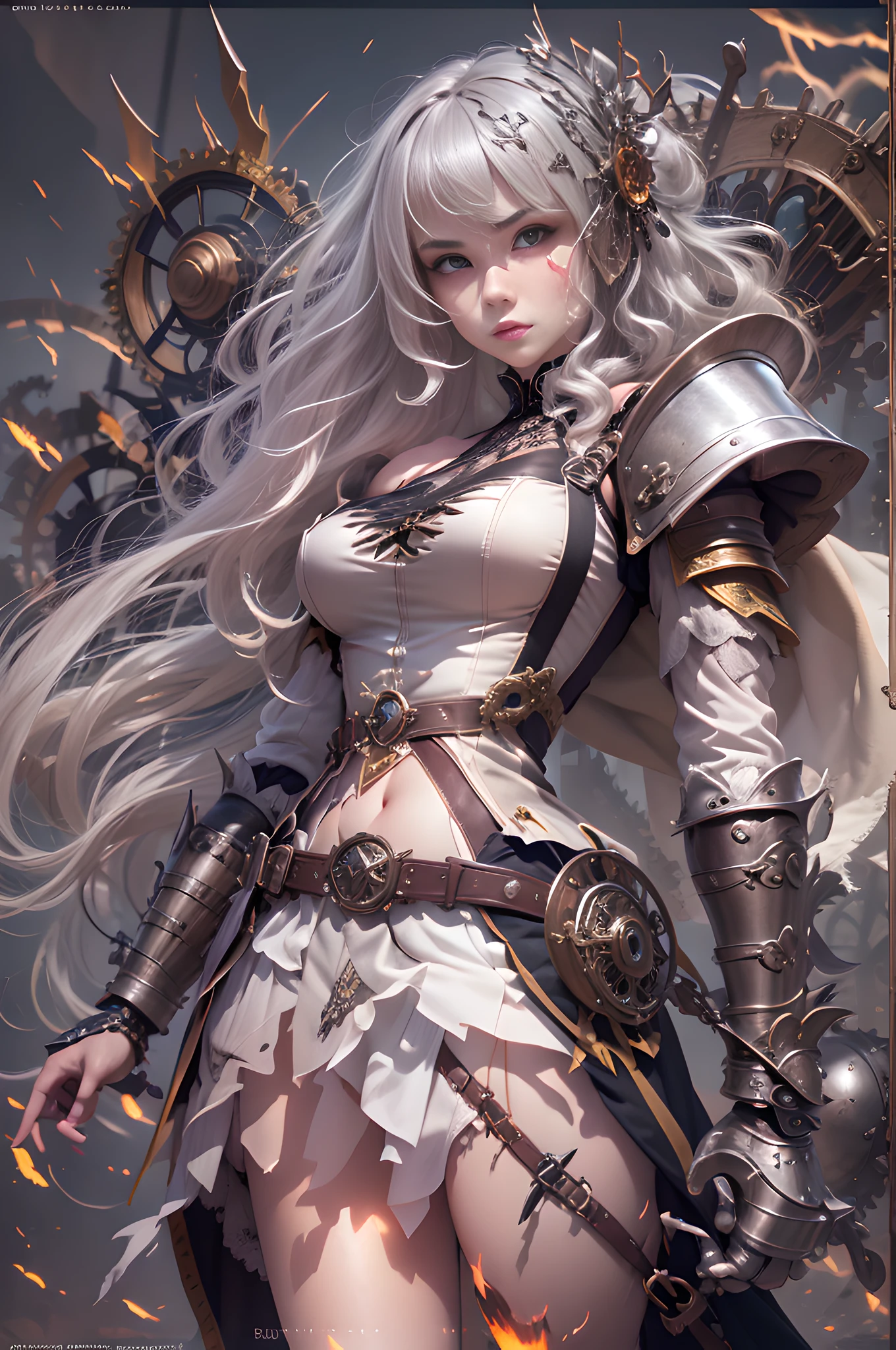 (photorealistic realism),((Super Best Quality)), ((Very Masterpiece)), ((super detailing:1.4)),((3d ultrarealistic)),warrior girl, Mechanical body, Dynamic action poses in battle scenes,(Armed with a huge broadsword),Off-the-shoulder fashion blends meticulous steampunk with sophisticated gothic Lolita, Complex steampunk headgear, very thin long legs, mechanical boots above the knee, Fluttering lace flared miniskirt, Nourish beauty,Fairly long vertically curly silver hair flutters in the wind,Break,The background is the battlefield,(Countless swords pierced the ground),Blood and fire are intertwined,very dark night backgrounds,Very dramatic and cinematic lighting。