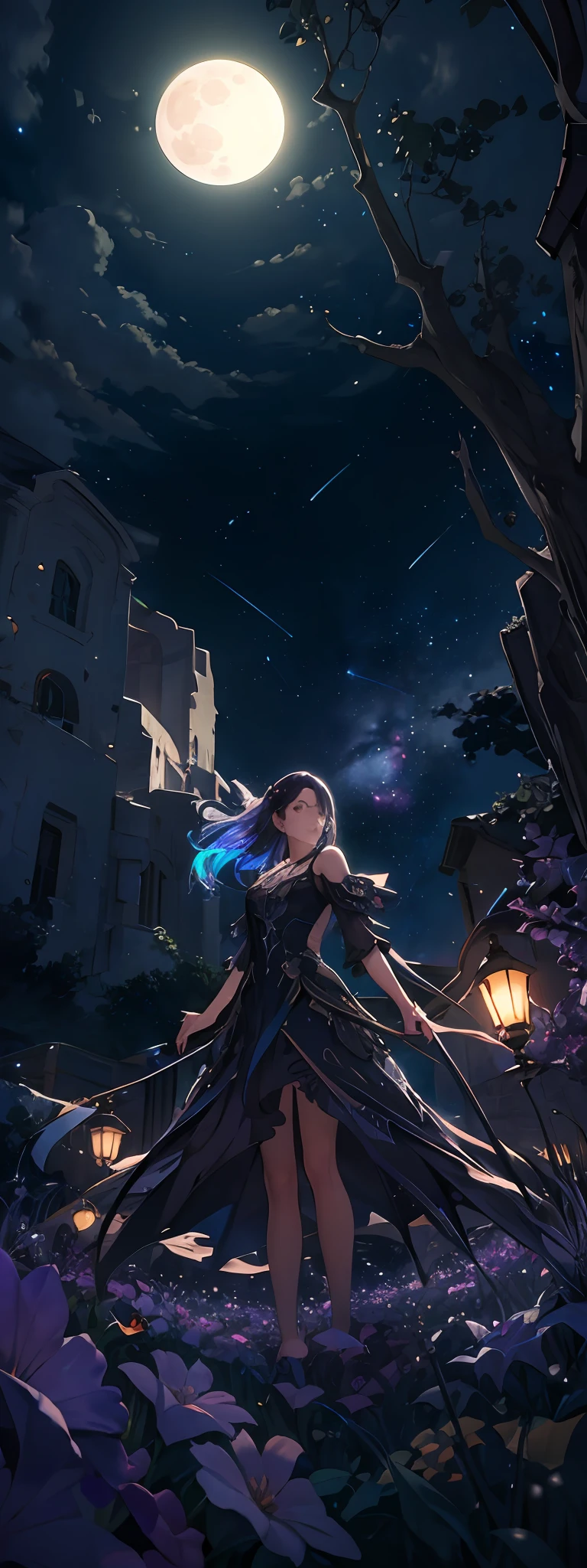 expansive landscape photograph , (a view from below that shows sky above and open field below), a girl standing on flower field looking up, (full moon:1.2), ( shooting stars:0.9), (nebula:1.3), distant mountain, tree BREAK
production art, (warm light source:1.2), (Firefly:1.2), lamp, lot of purple and orange, intricate details, volumetric lighting BREAK
(masterpiece:1.2), (best quality), 4k, ultra-detailed, (dynamic composition:1.4), highly detailed, colorful details,( iridescent colors:1.2), (glowing lighting, atmospheric lighting), dreamy, magical, (solo:1.2)