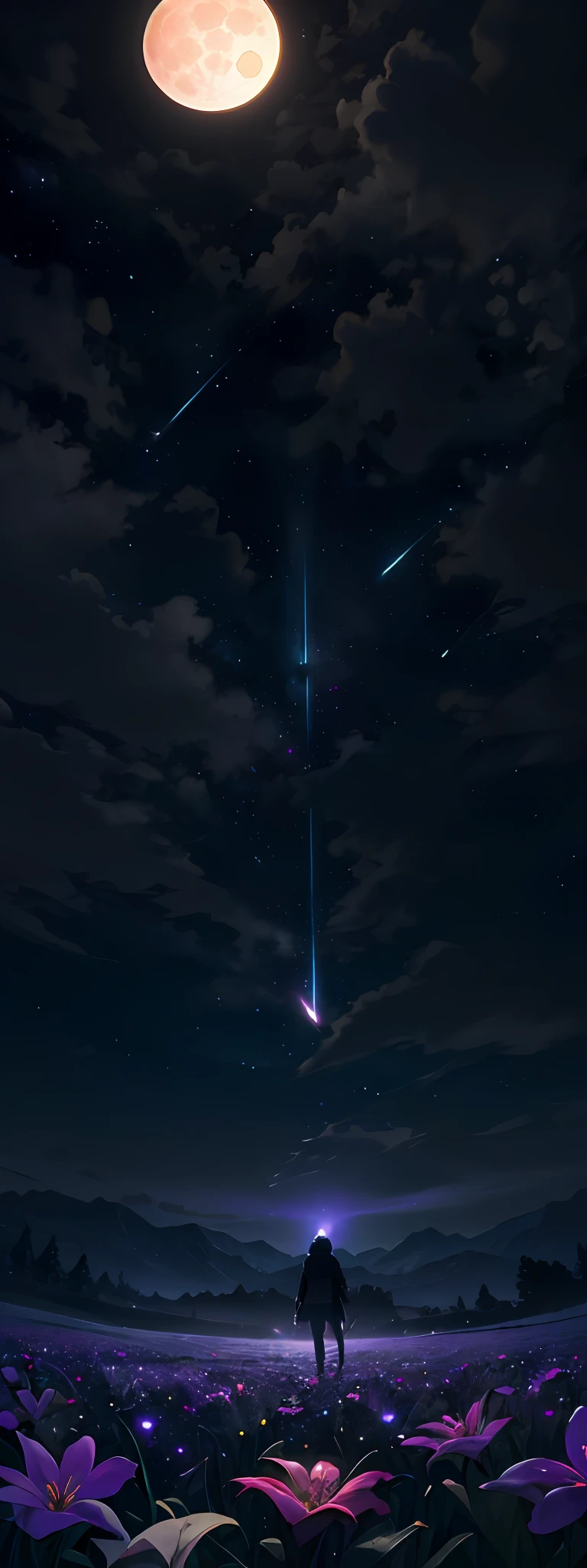 expansive landscape photograph , (a view from below that shows sky above and open field below), a girl standing on flower field looking up, (full moon:1.2), ( shooting stars:0.9), (nebula:1.3), distant mountain, tree BREAK
production art, (warm light source:1.2), (Firefly:1.2), lamp, lot of purple and orange, intricate details, volumetric lighting BREAK
(masterpiece:1.2), (best quality), 4k, ultra-detailed, (dynamic composition:1.4), highly detailed, colorful details,( iridescent colors:1.2), (glowing lighting, atmospheric lighting), dreamy, magical, (solo:1.2)