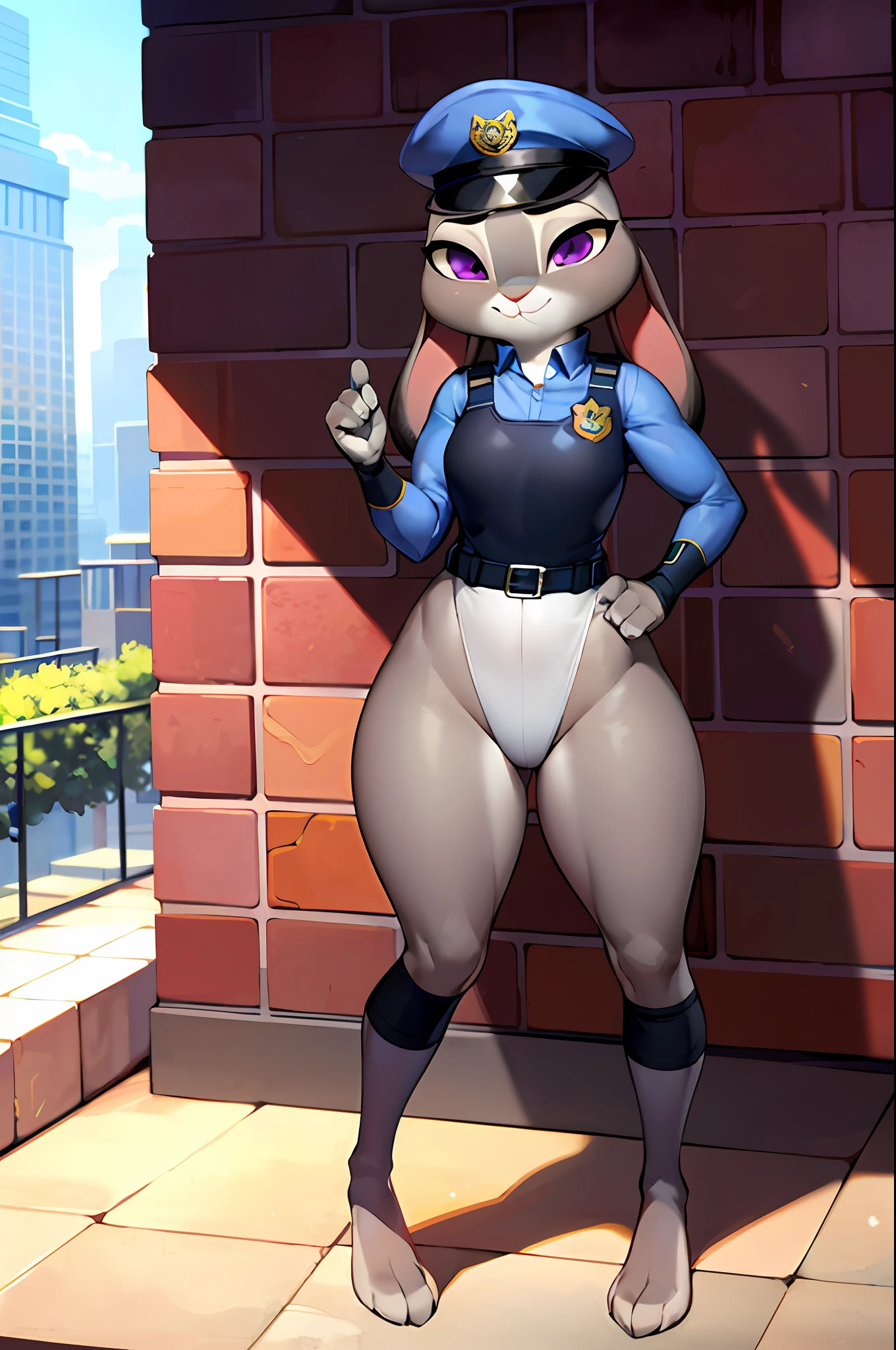 best quality, masterpiece, solo, 1girl, JudyHopps, police uniform, police hat, no pants, long socks, no panties, no pants, no shoes