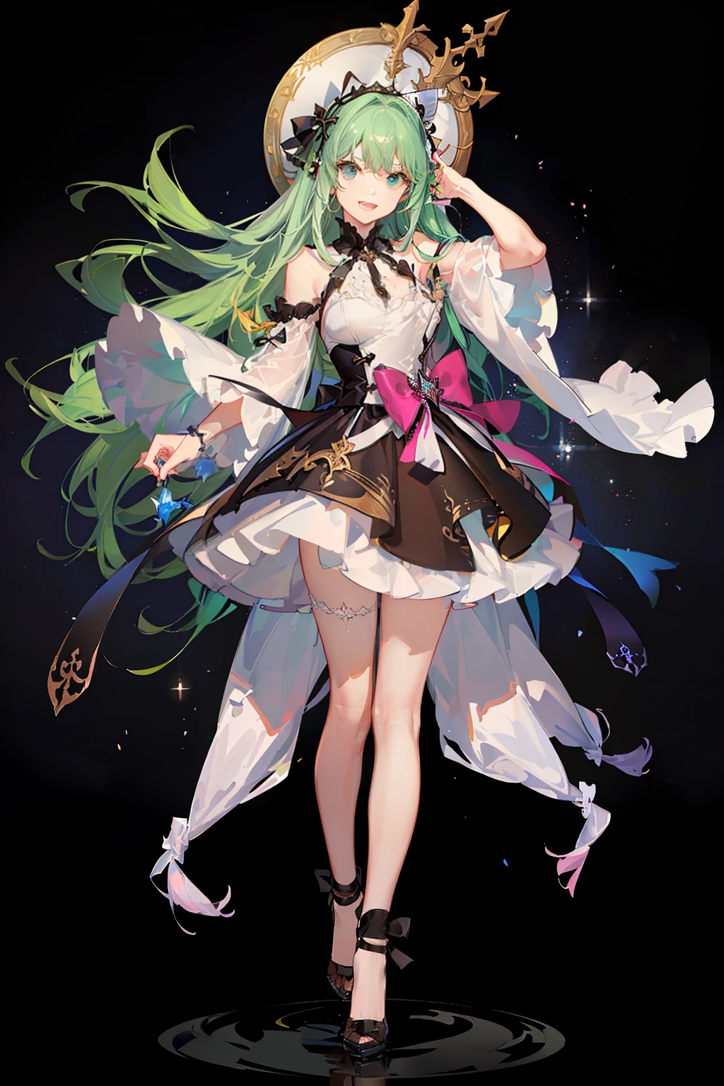 ((​masterpiece、top-quality、detaileds)), 4K ,8K ,Haigress, 1 girl in, green colored hair, Pink mesh、(long hair up to the waist), Light blue eyes, Red dress with a lot of frills,, beautiful foot、full body Esbian、(is standing) white backgrounid、:D, [[[broken face]]], [[Bad face]], [[Fused fingers]]