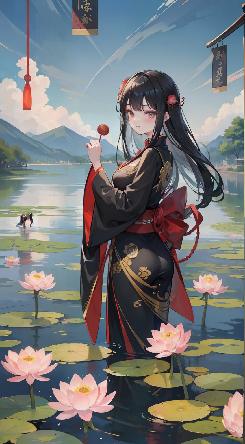((4K、masterpiece、top-quality))、ukiyoe painting、lotuses、Hanff、maxiskit、dress modestly 1 girl、独奏、Long Black Hair、a smile、is standing、Step into the water、bare-legged、jpn、Asians、waterside