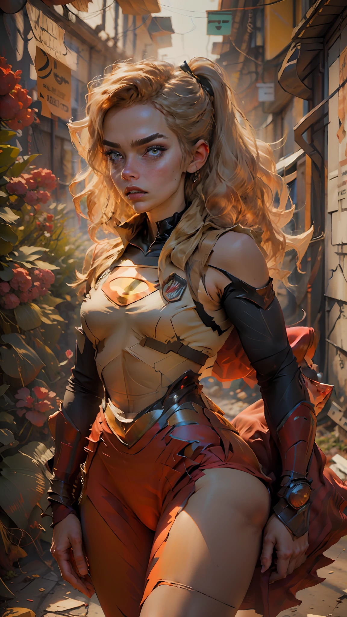 Retrato fotografico de She-Ra usando el traje femenino de supergirl (Academia My Hero Style), thepit bimbo, estilo studio_GHIBLI_anime_estilo, lustroso, [Margot Robbie:Alessandra Ambrosio:0.70], Solo 1girl, pose de batalla con cabello largo y negro, senos, cuerpo a la cadera, con armadura de Superman, con guantes, absurdamente ancho por, Background explosion, escena de lucha, Evil superheroes, peligro, petrificado, tension, Fuego, Destruction, escombros, objeto volador, hiperrealismo, 8k, fondo de campo de batalla, volumetric illumination, good lighting, sidelit, perfect ilumination, [Shia de Arifureta], , ataque de Grick,   Supergirl's body sets thick thighs cybernetic body parts, ropa interior corta, rubia con ojos azules, superman S symbol on chest,