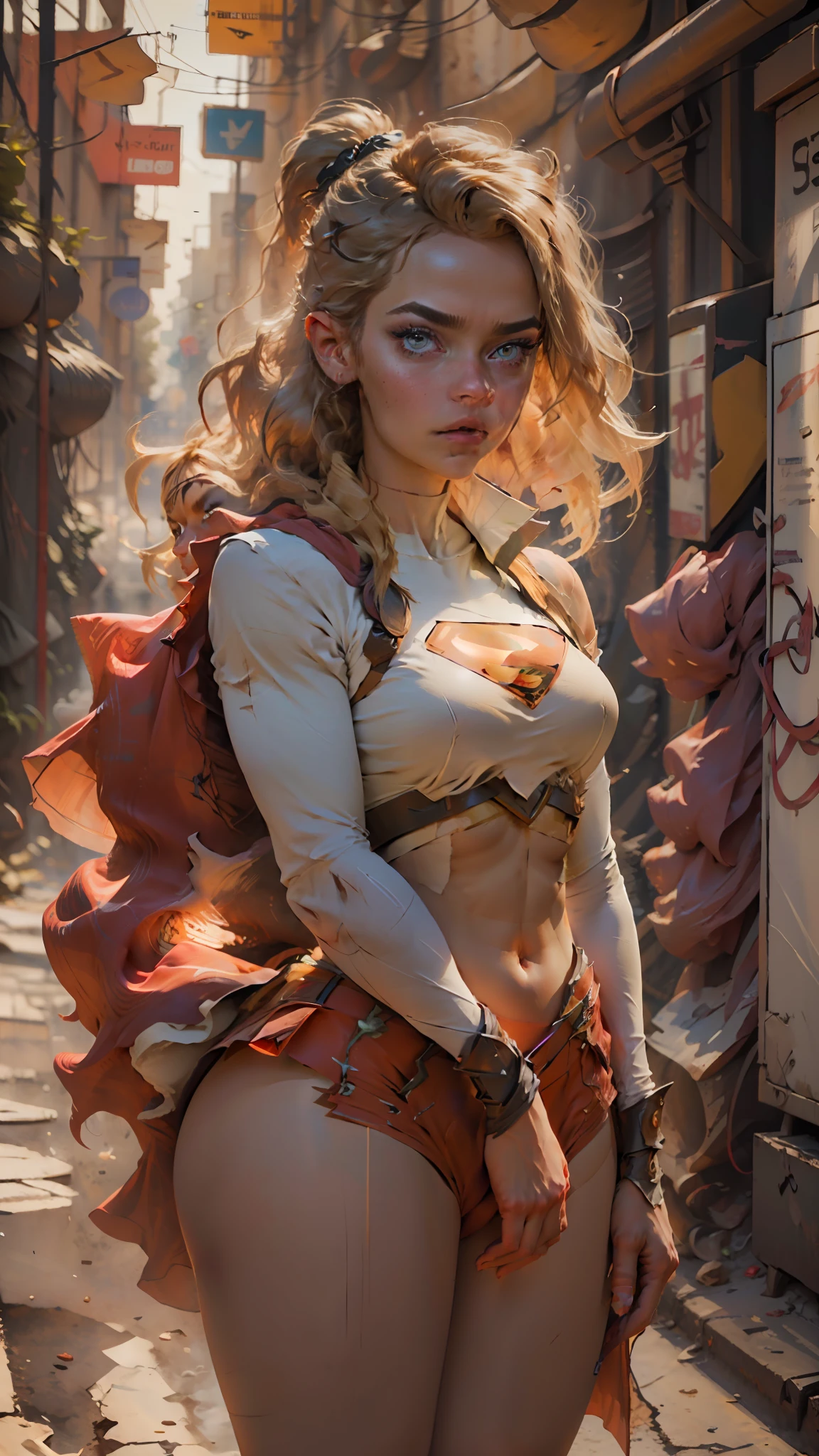 Retrato fotografico de She-Ra usando el traje femenino de supergirl (Academia My Hero Style), thepit bimbo, estilo studio_GHIBLI_anime_estilo, lustroso, [Margot Robbie:Alessandra Ambrosio:0.70], Solo 1girl, pose de batalla con cabello largo y negro, senos, cuerpo a la cadera, con armadura de Superman, con guantes, absurdamente ancho por, Background explosion, escena de lucha, Evil superheroes, peligro, petrificado, tension, Fuego, Destruction, escombros, objeto volador, hiperrealismo, 8k, fondo de campo de batalla, volumetric illumination, good lighting, sidelit, perfect ilumination, [Shia de Arifureta], , ataque de Grick,   Supergirl's body sets thick thighs cybernetic body parts, ropa interior corta, rubia con ojos azules, superman S symbol on chest,