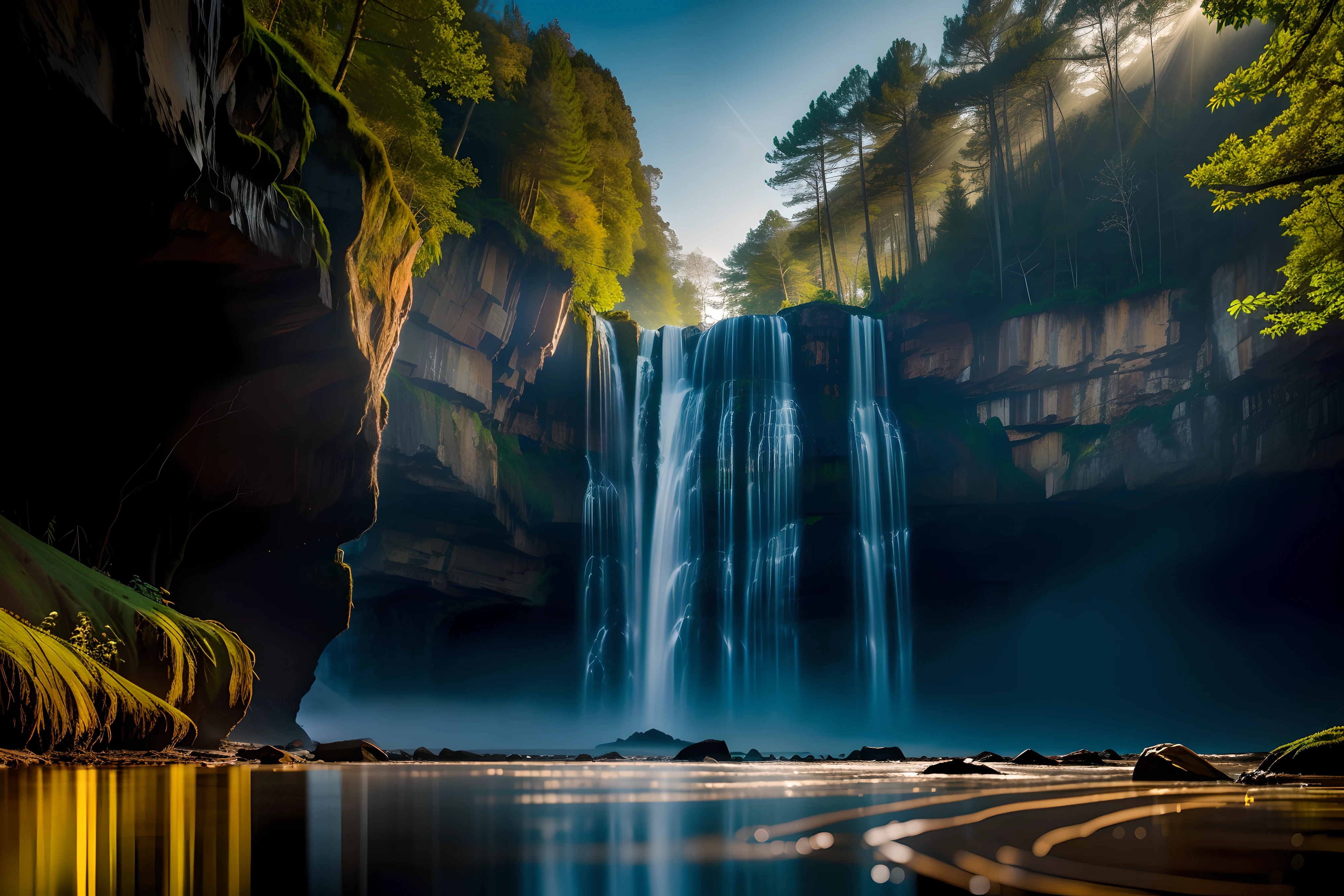 A stunning image of a dense forest, where a single tree stands tall against a misty, cloudless sky. The sky is filled with a wide array of colors and patterns, reflecting the depth of the scene and the enormous scale of the forest. A distant, sunlit waterfall cascades from a nearby cliff, creating a sense of depth and harmony in the scene. macro lens, long exposure, high ISO, shallow depth of field by Erik Johansson by Annie Leibovitz