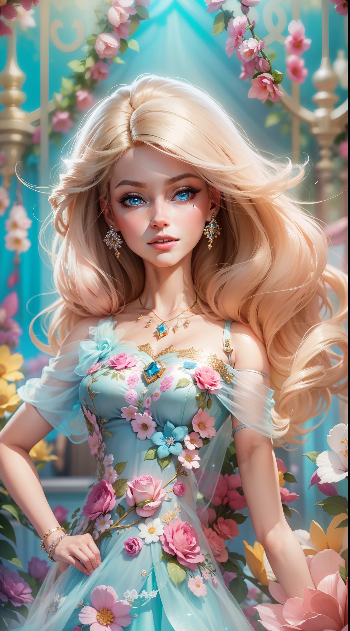 "A vibrant and glamorous Barbie doll portrait with impeccable details, capturing her elegance and charm in a high-resolution CG artwork. Radiant and flawless, the doll features a stylish outfit, stunning blue eyes, and perfectly styled. The soft lighting accentuates her beauty, while a hint of sparkle adds a touch of magic. Set against a dreamy background filled with pastel colors and delicate flowers, the composition creates a whimsical and enchanting atmosphere.+"