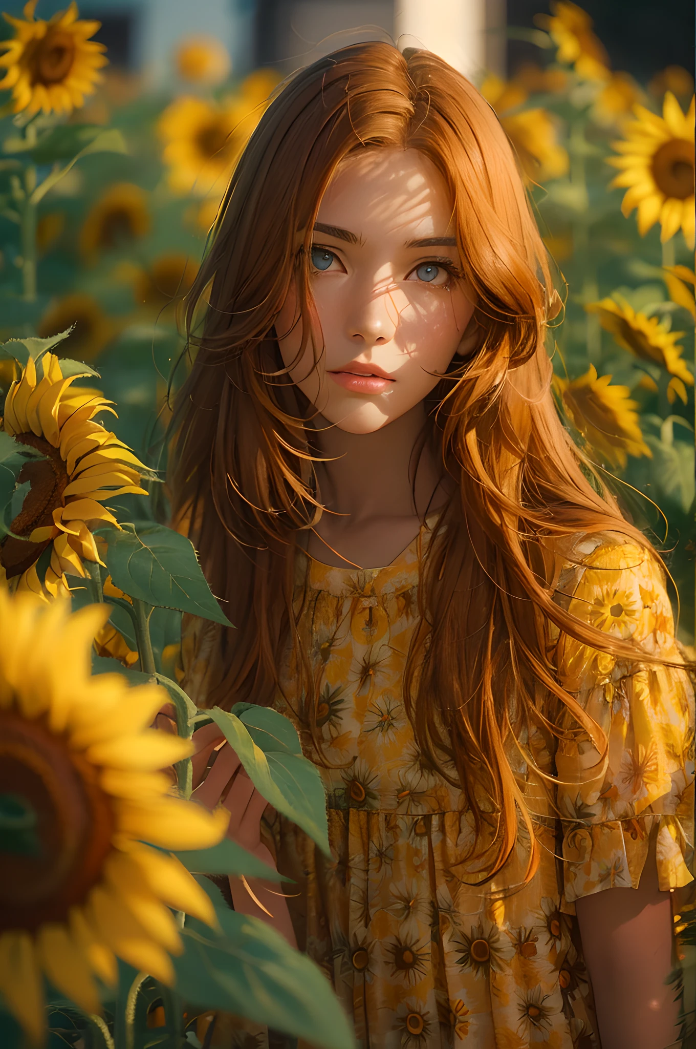 RAW, analog film, photography, zeiss otus 85mm f/1.4, film still, Fashion photography, a beautiful Scandinavian girl, adorable face, red long hair, no makeup, realistic skin texture, summer dress, (sunflowers:1.2), warm, low saturation, yellow, tonal color scheme, masterpiece, dramatic lighting