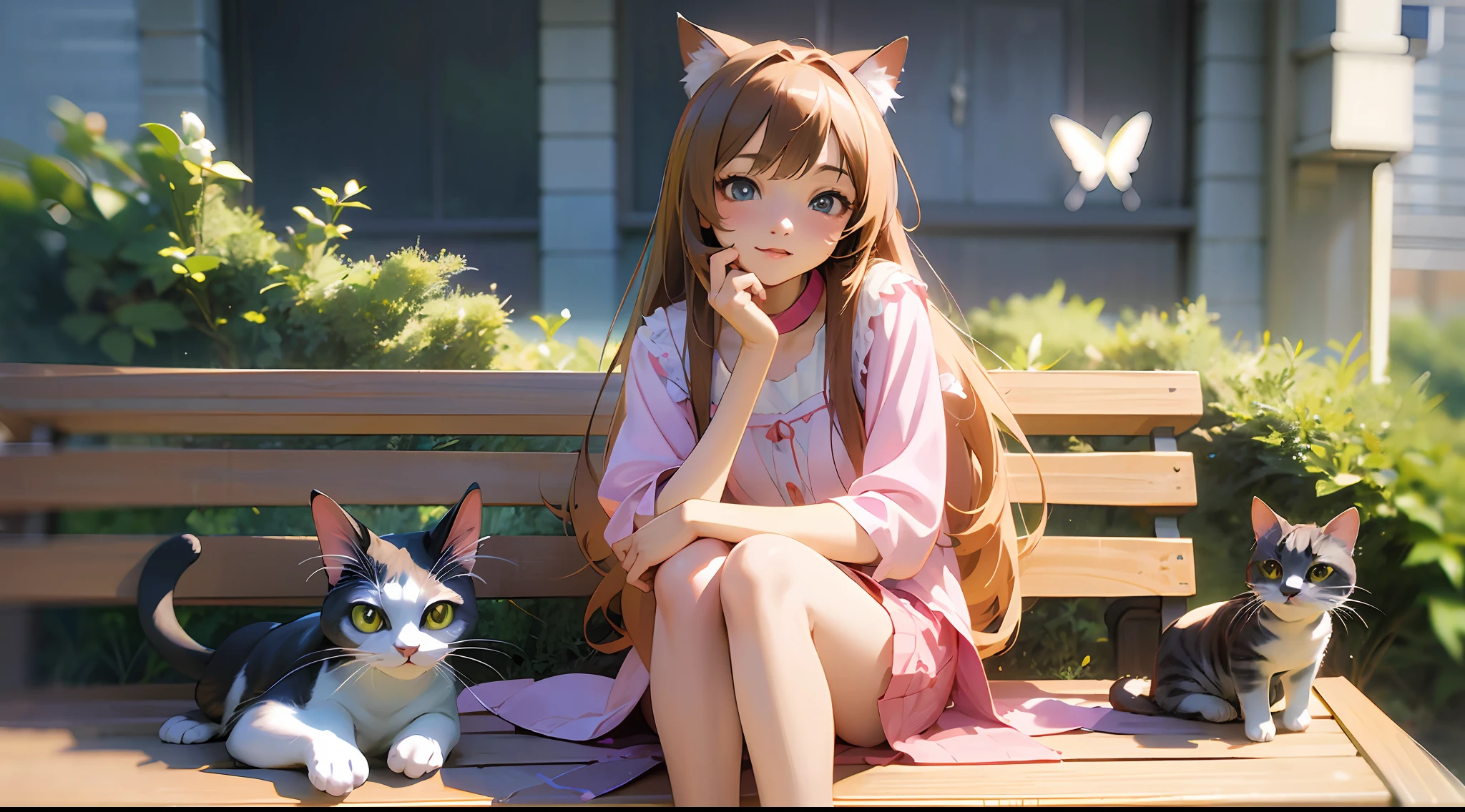 anime girl sitting on a bench with a cat and butterfly, realistic anime cat, realistic anime art style, kawaii realistic portrait, anime cat, beautiful anime catgirl, realistic anime artstyle, anime realism style, anime catgirl, very beautiful anime cat girl, realistic anime 3 d style, very beautiful cute catgirl, cute anime catgirl, in anime style