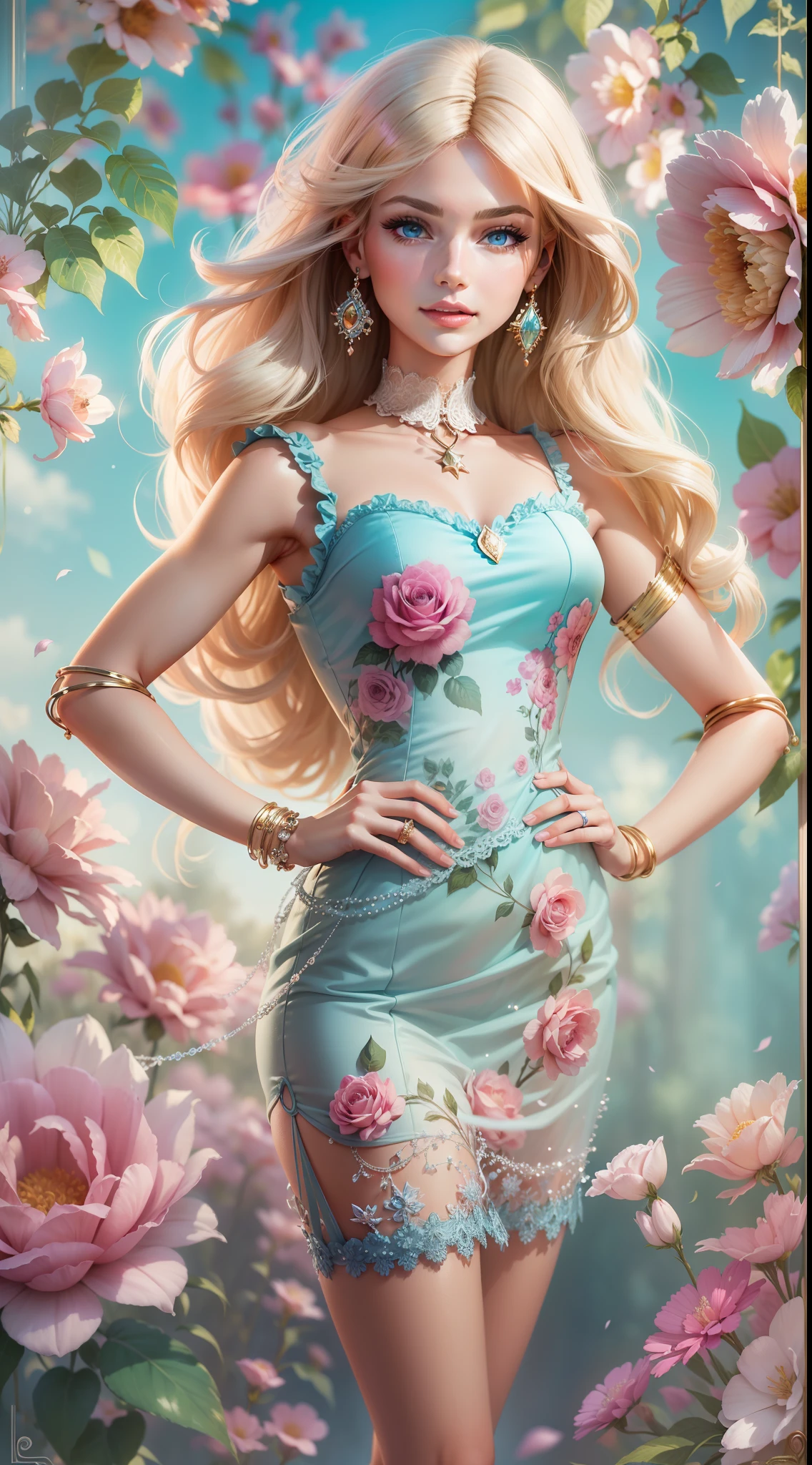 "A vibrant and glamorous Barbie doll portrait with impeccable details, capturing her elegance and charm in a high-resolution CG artwork. Radiant and flawless, the doll features a stylish outfit, stunning blue eyes, and perfectly styled. The soft lighting accentuates her beauty, while a hint of sparkle adds a touch of magic. Set against a dreamy background filled with pastel colors and delicate flowers, the composition creates a whimsical and enchanting atmosphere.+"
