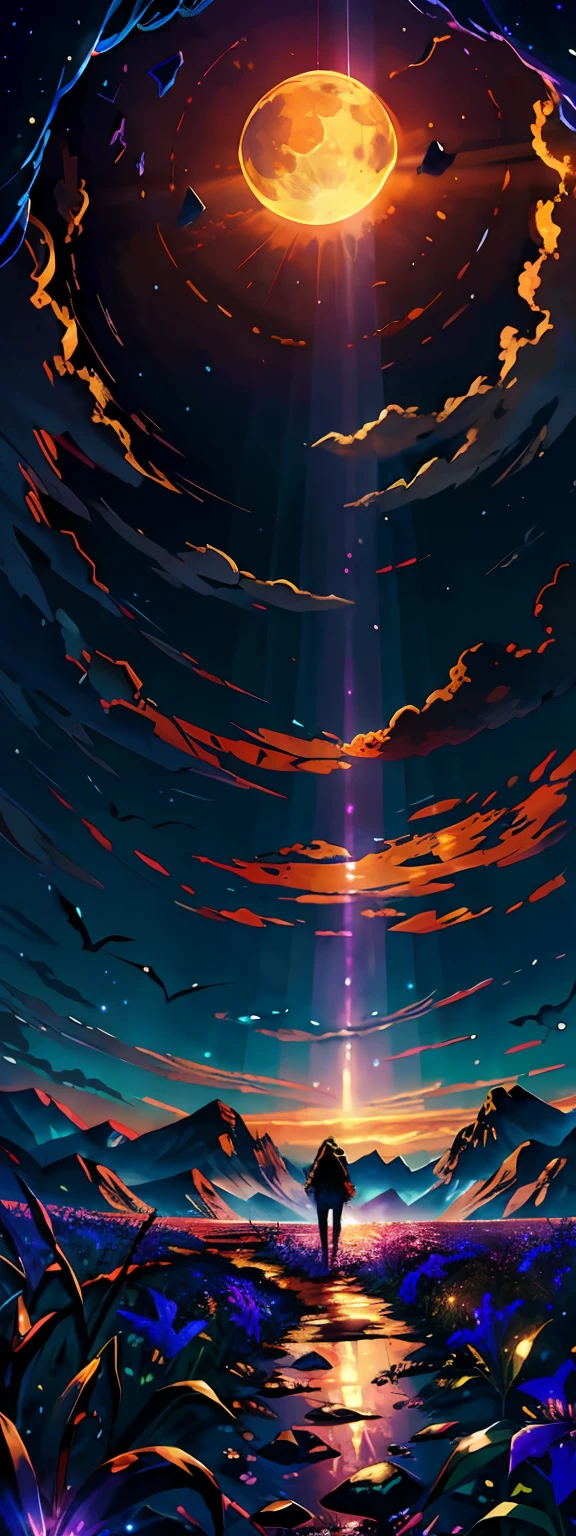 expansive landscape photograph , (a view from below that shows sky above and open field below), a girl standing on flower field looking up, (full moon:1.2), ( shooting stars:0.9), (nebula:1.3), distant mountain, tree BREAK
production art, (warm light source:1.2), (Firefly:1.2), lamp, lot of purple and orange, intricate details, volumetric lighting BREAK
(masterpiece:1.2), (best quality), 4k, ultra-detailed, (dynamic composition:1.4), highly detailed, colorful details,( iridescent colors:1.2), (glowing lighting, atmospheric lighting), dreamy, magical, (solo:1.2)