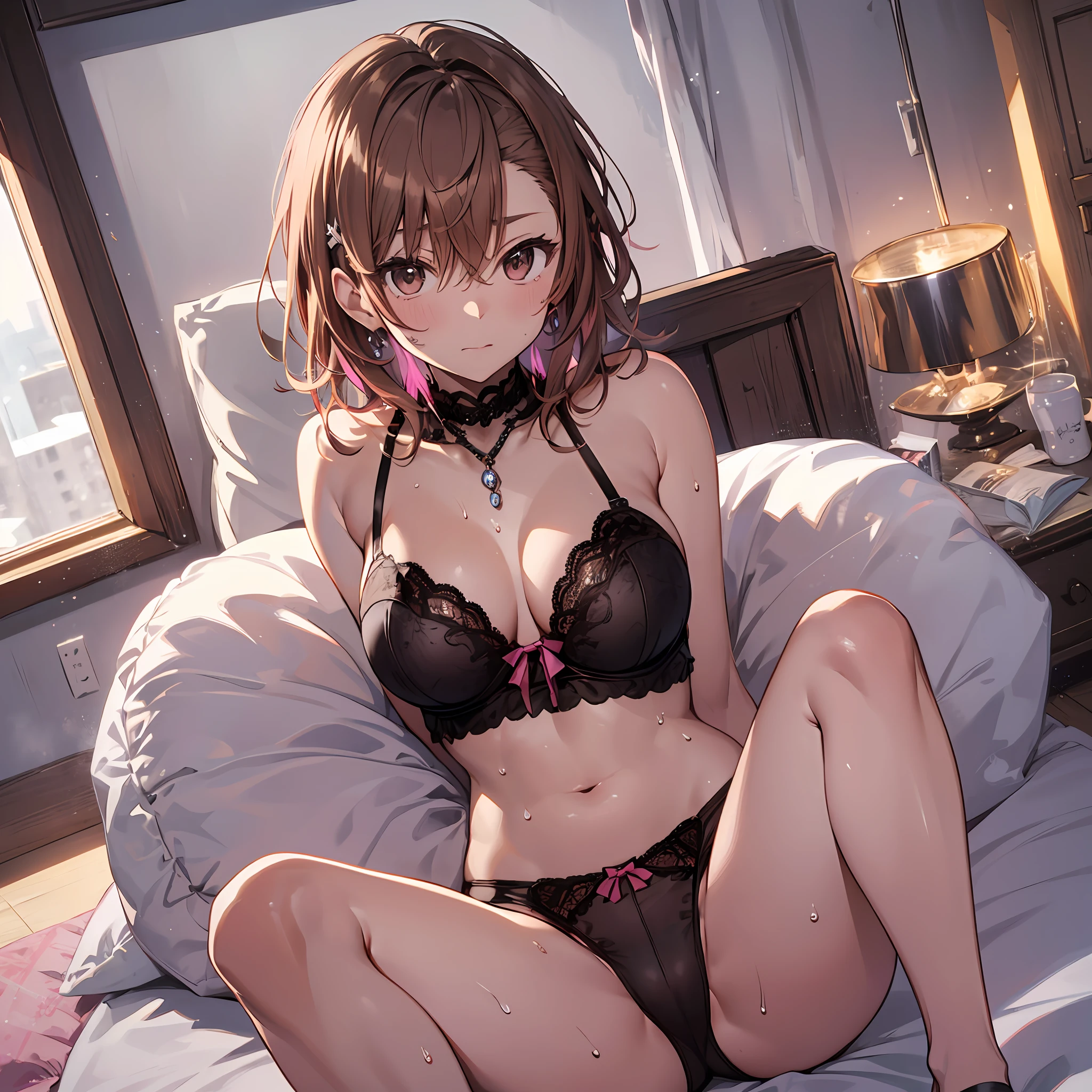 ４ｋqulity, top-quality, Misaka_mikoto, Brown-eyed, Short_hair, Small_Breast,）on the beds　Pink lingerie　１６age　sexypose　Bewitching　Mass sweat　soaked body　Miwaki　beauty legs　Beautiful abs　closing eye　Feeling face　Love　Pee