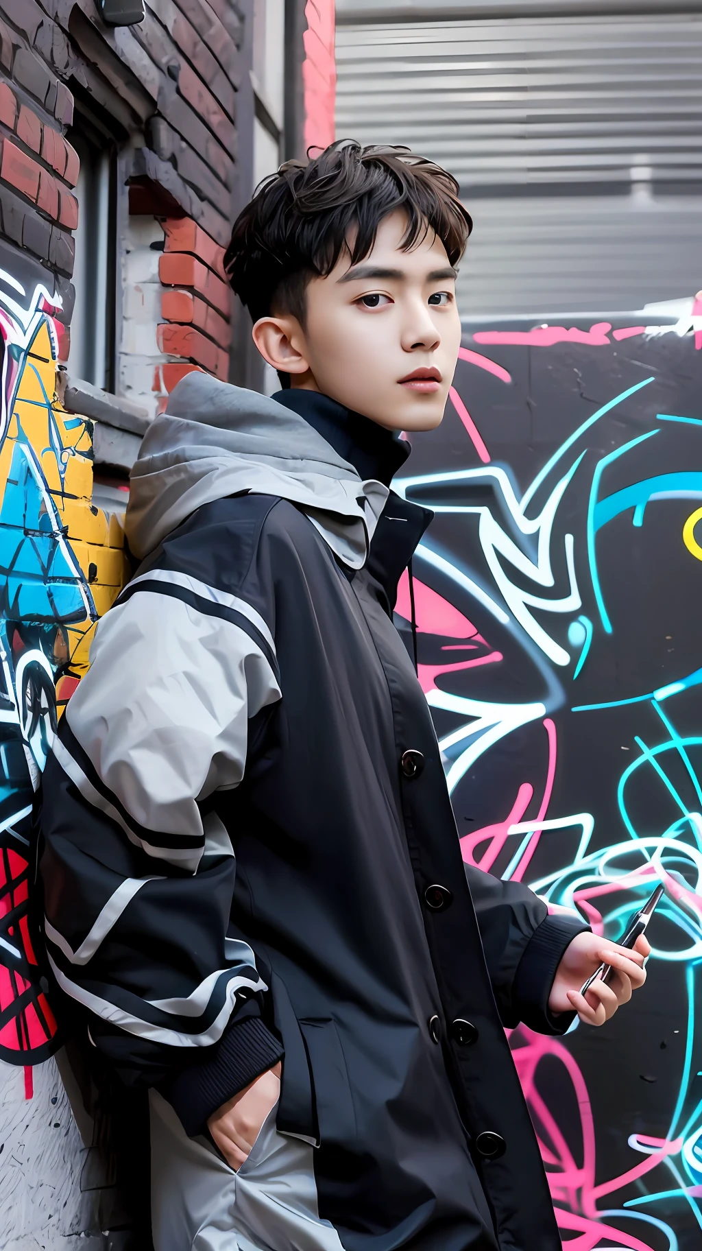 best quality, masterpiece, (photorealistic:1.4), 1youthful man,22 years-old, ultra high detail face,solo, short hair, big eyes, coat,Fashion Clothes, upper body, dramatic lighting, looking at viewer, standing, Street,Graffiti Wall,Artistic Atmosphere,sunshin