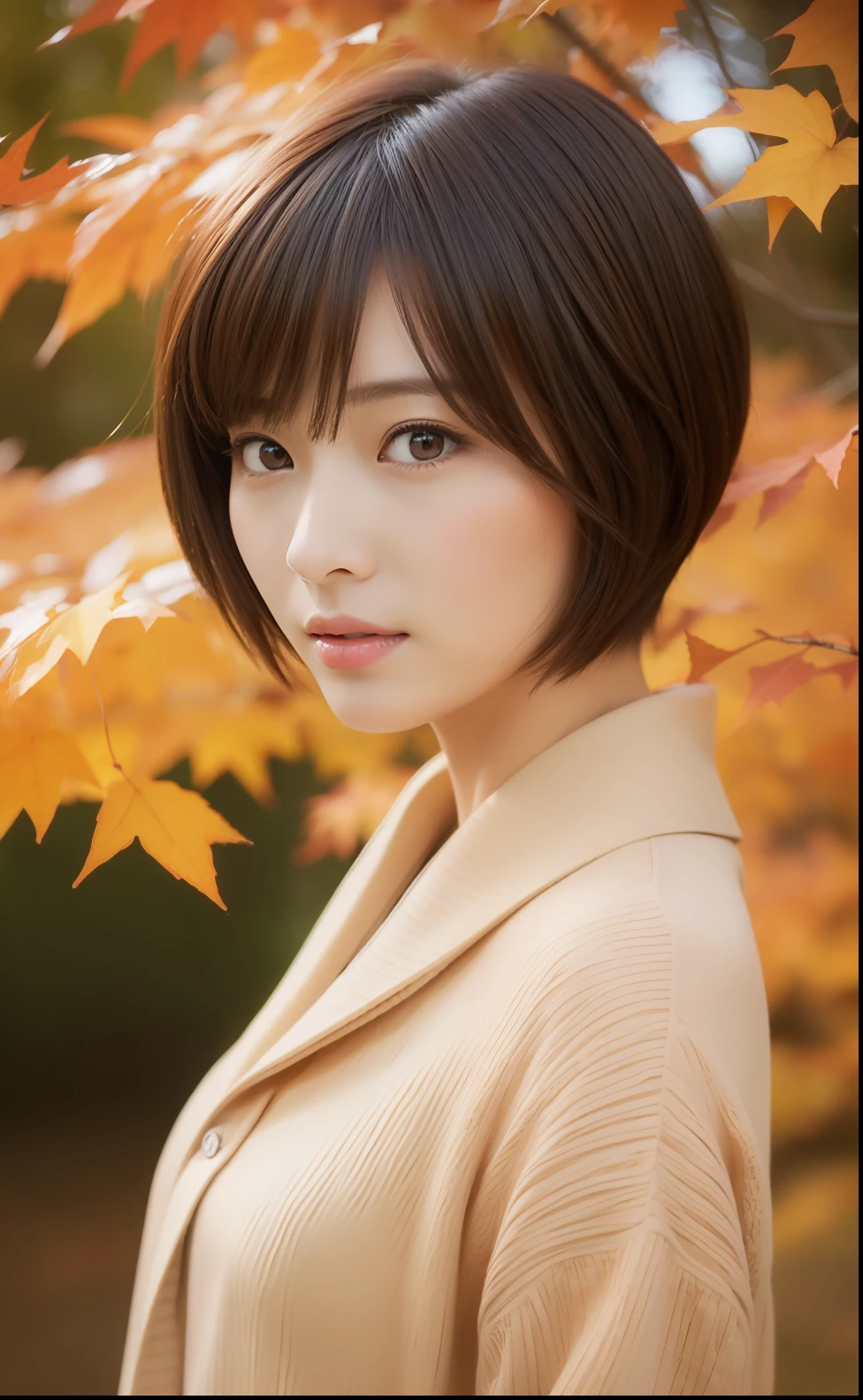 Cute Japan woman walking in autumn leaves、Short-cut hairstyles、Beautiful autumn leaves and scenery、Photorealsitic、Beautiful detailed eyes、Hyper-Realism、highcontrast、Ultra HD、realistic skin textures、Top image quality、top-quality、超A high resolution、Fine details、Very meticulously