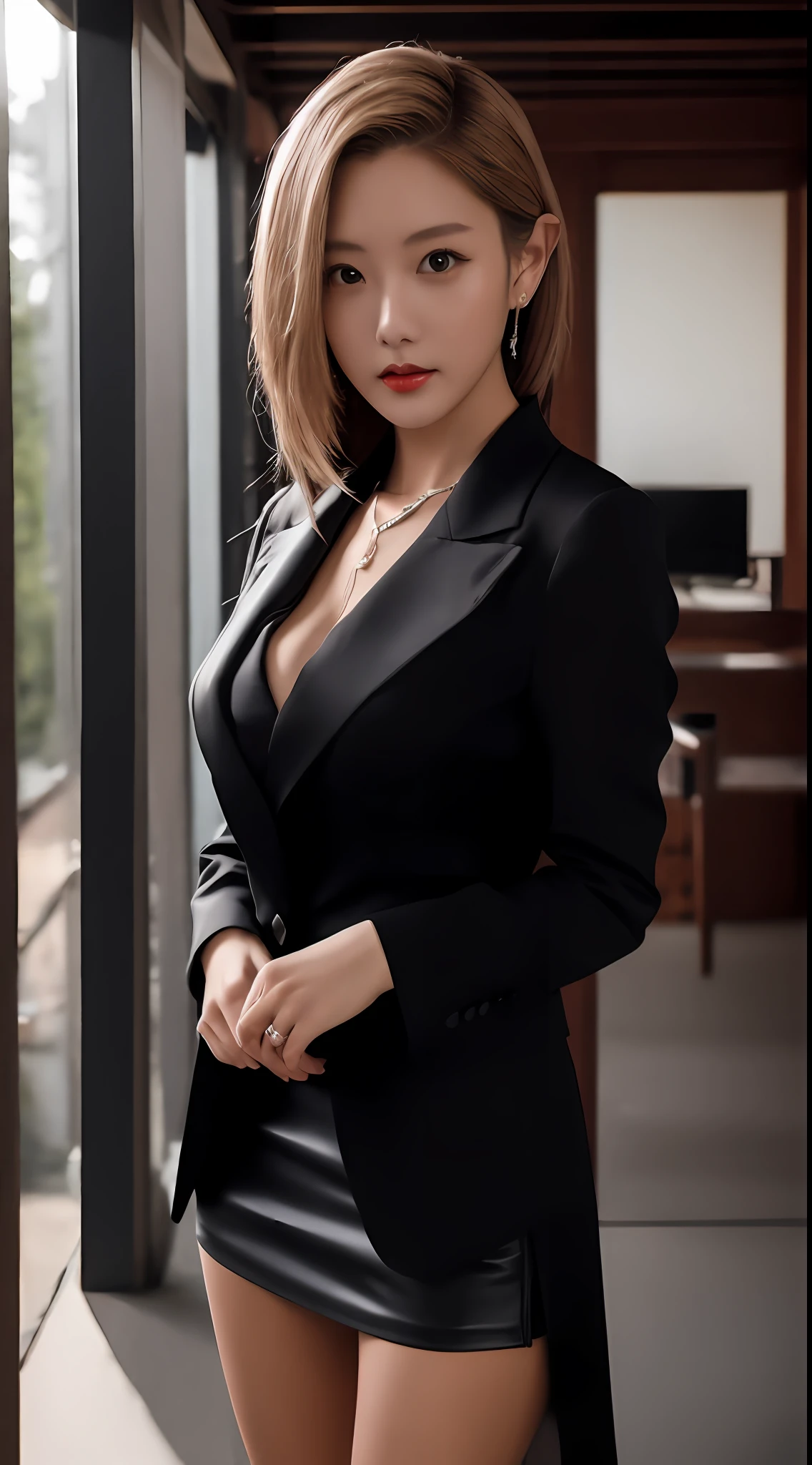 top-quality, masterpiece, 1girl in, Kawaii face, (photographrealistic:1.3), Rim lighting, (High Detail Skins:1.2), 8KUHD, Digital SLR, hightquality, hight resolution, 4K, 8K, bokeh dof, absurderes, best ratio four finger and one thumb, (realisitic:1.3), pretty 1girl, Wearing a black formal blazer, middlebreasts, a short skirt,japanes,