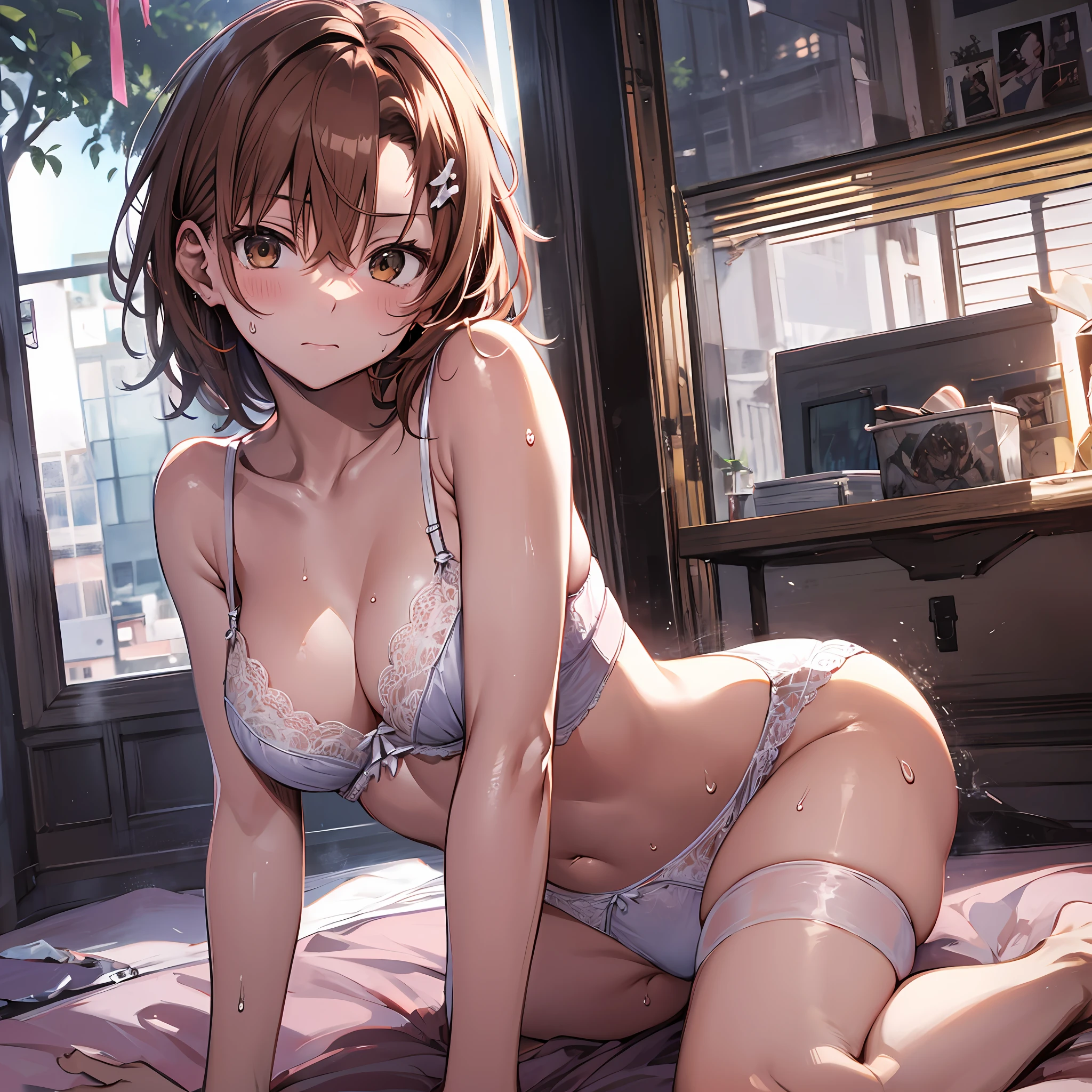 4kqulity, top-quality, Misaka_mikoto, Brown-eyed, Short_hair, Small_Breast,)on the beds Pink lingerie 16age sexypose Bewitching Mass sweat soaked body Miwaki beauty legs Beautiful abs closing eye Feeling face Love Pee