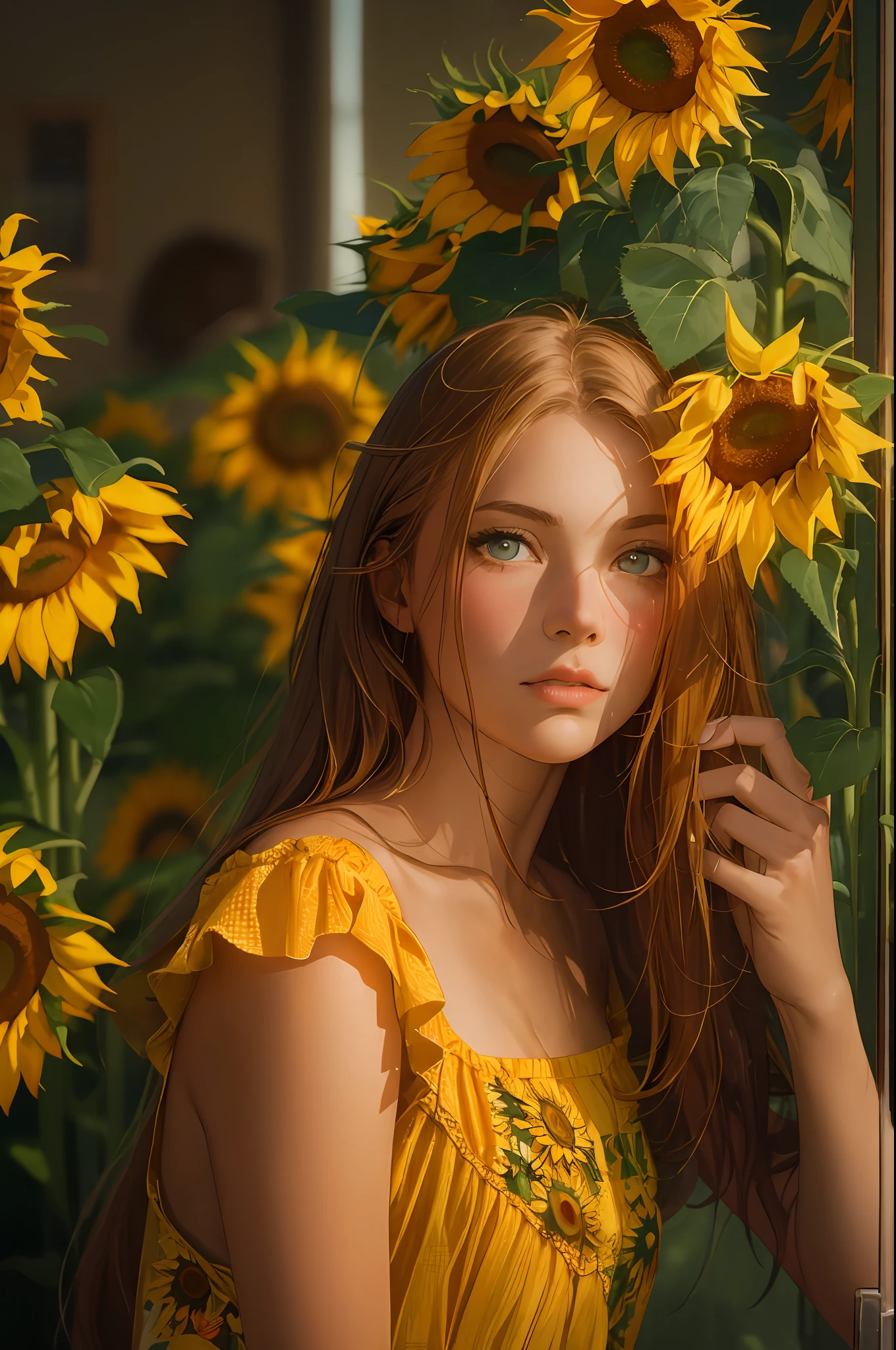 RAW, analog film, photography, zeiss otus 85mm f/1.4, film still, Fashion photography, a beautiful Scandinavian girl, adorable face, red long hair, no makeup, realistic skin texture, summer dress, (sunflowers:1.2), warm, low saturation, yellow, tonal color scheme, masterpiece, dramatic lighting