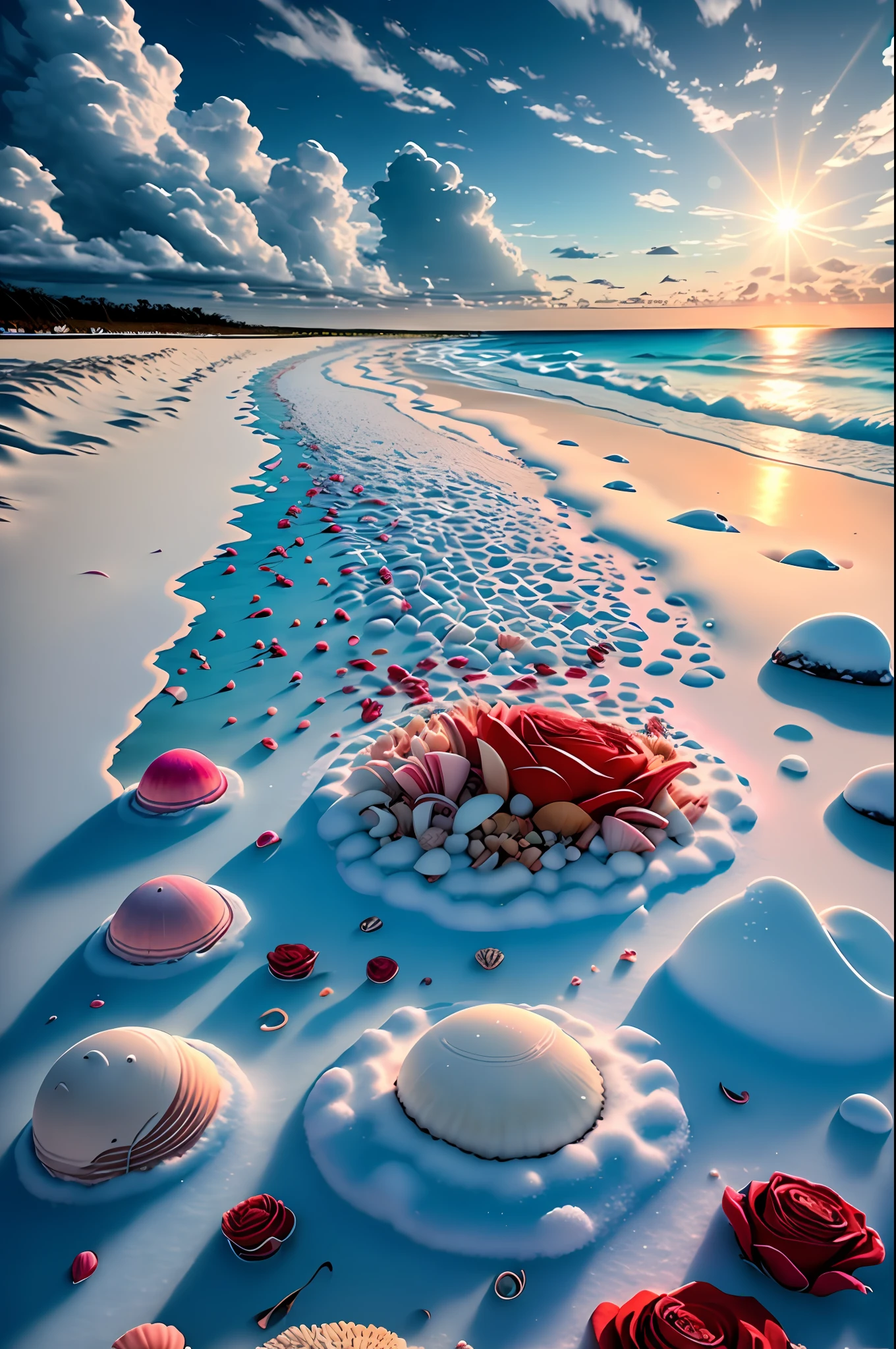 delicate scene,depth of field, 8K, The ivory sky,white clouds,and sunlight shine on the snow-white beach. The coral sea,and many colorful tinny shells on the beach,red roses, roses focus,