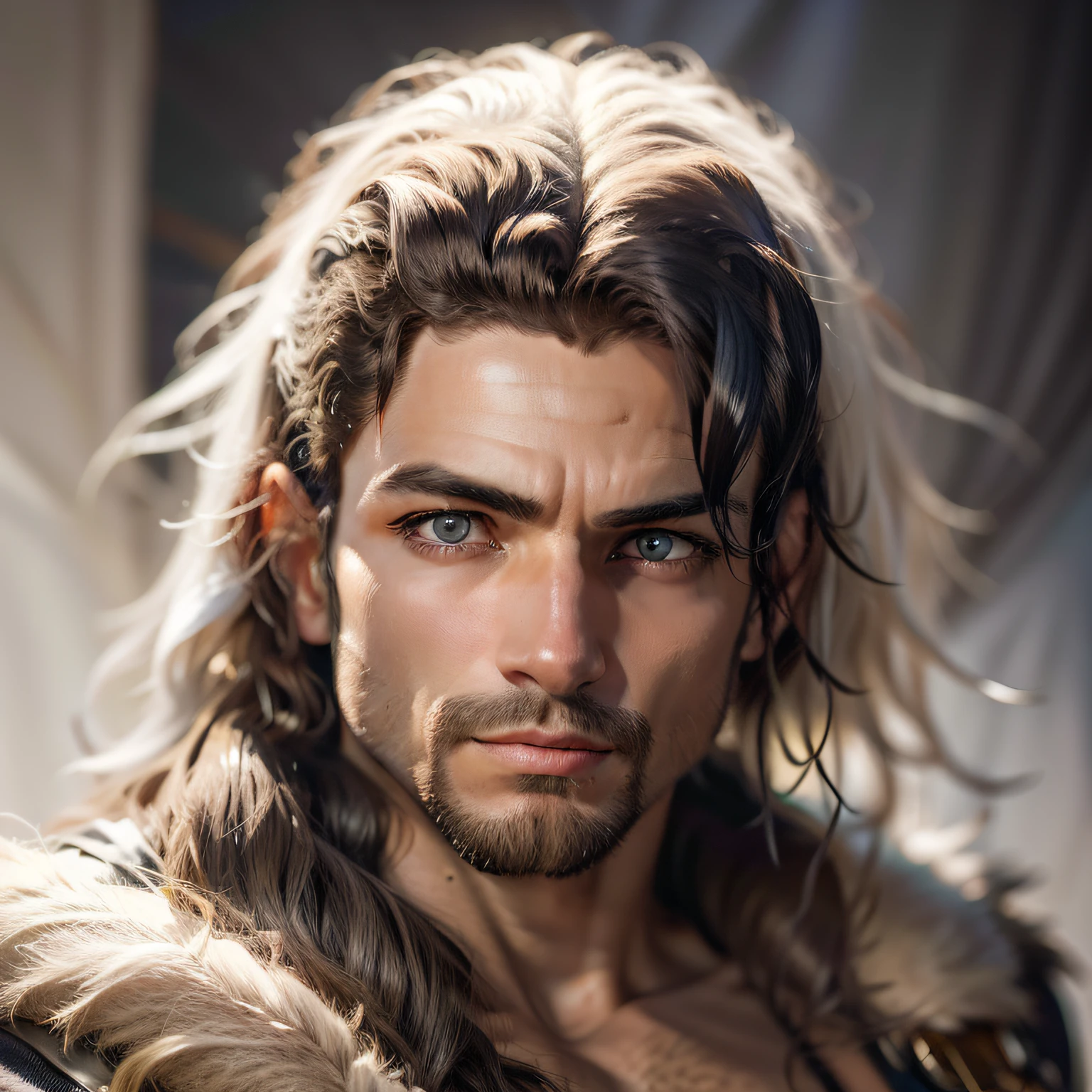 criar 1 homem, guerreiro romano, forte, musculoso, velho, bonito, cabelo preto curto raspado na lateral(cabelo escuro), barbas longas, pele branca, de corpo inteiro, bonito, qualidade 8k, realista, rosto detalhado, realista, olhos bem detalhados(olhos realistas), cabelos detalhados.