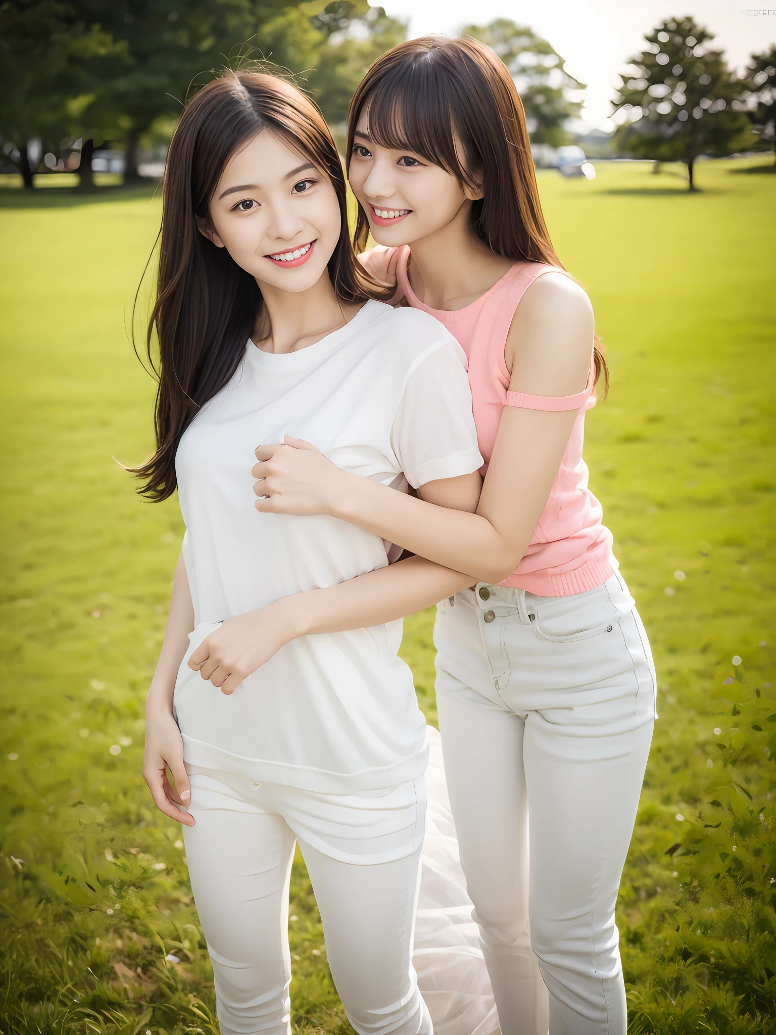 （超高分辨率，RAW photogr，realisticlying，tmasterpiece，best qualtiy：1.4），Complicated details，2 20 year old Korean girl，Wear a loose black T-shirt and skinny jeans，Stand on the grass and take pictures，hugs，Intimate relationships，Detailed meadow，A sweet smile on a small face，Ultra-realistic facial details，The face and skin are pink and white, and luminous，Playful and coquettish pose，The calves are straight and slender:1.2，Wear high-end brand sneakers:1.0，eventide：0.3，Broad lighting，naturalshadow：1.0，超高分辨率，taking a full body photo:1.8 --auto