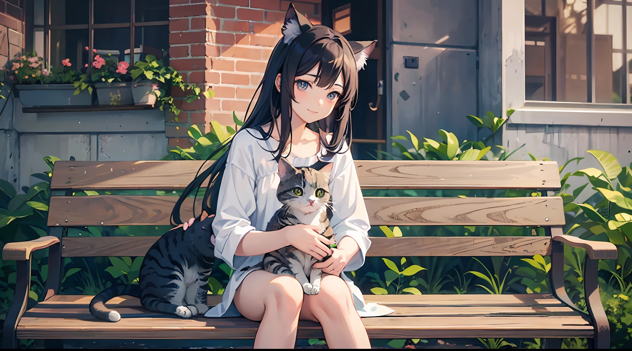 anime girl sitting on a bench with a cat and butterfly, realistic anime cat, realistic anime art style, kawaii realistic portrait, anime cat, beautiful anime catgirl, realistic anime artstyle, anime realism style, anime catgirl, very beautiful anime cat girl, realistic anime 3 d style, very beautiful cute catgirl, cute anime catgirl, in anime style