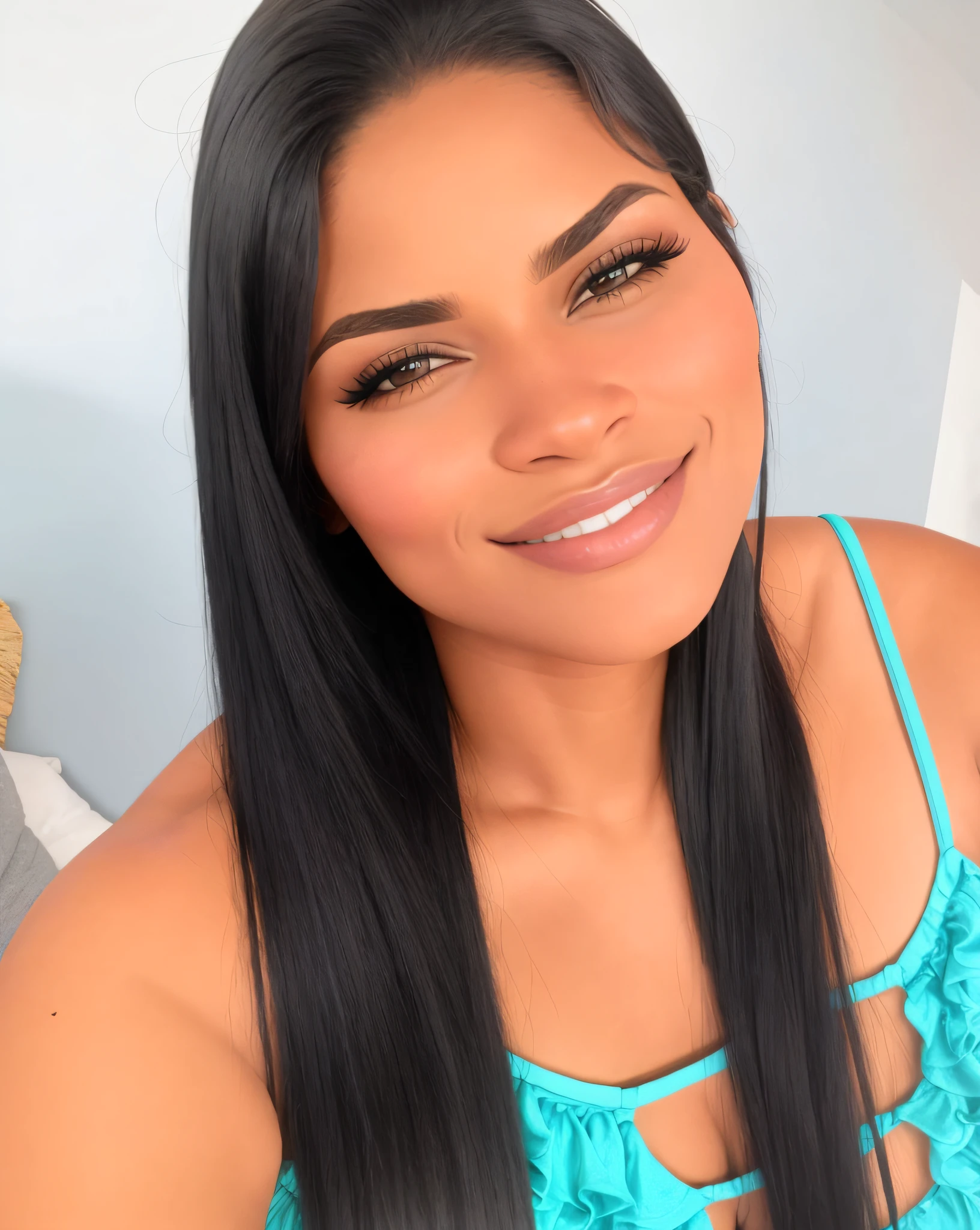 mulher sorridente com cabelo preto longo e top azul, Mulher de 25 anos do Brasil, Violeta Myers, Mulher brasileira bonita, mulher brasileira bronzeada bonita, take expression marks in the eyes and cover the breasts with the hair exactly as it is in the photo