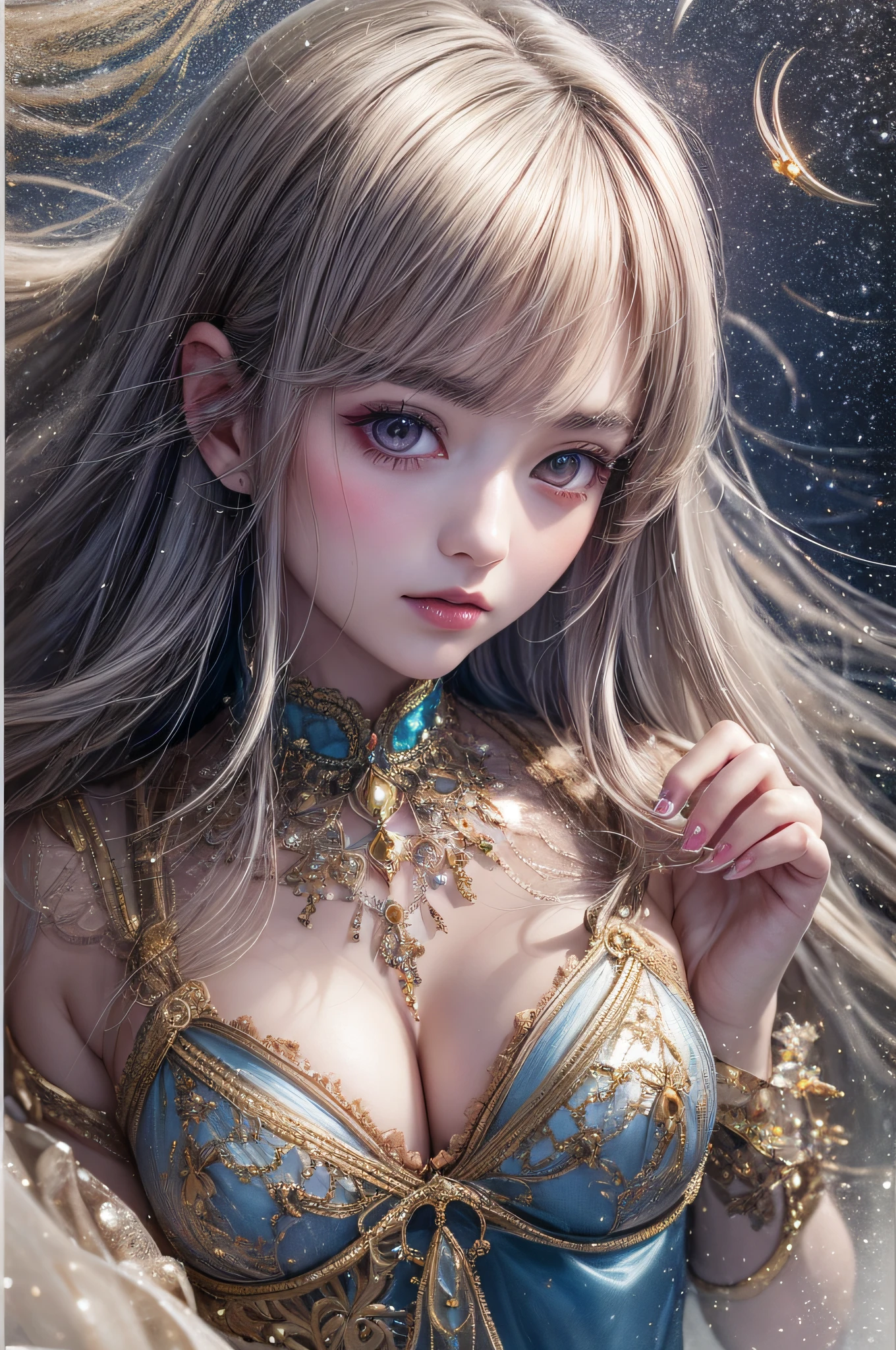 Beautiful girl story wrapped in love, Beautiful eye details, A captivating anime girl gracefully emerges from the pages of a watercolor painting, Her vivid and complex colors are, Bring your artwork to life, (see-through transparent clothes, Transparent costume:1.5), She wears a chest-opening fantasy see-through costume decorated with delicate details, Fascinating worldview, Luminescent elements, Glowing crystals surround her like air, casting a soft, otherworldly glow,  The style of watercolor painting is、Imbues the image with a sense of fluidity and delicacy, as if the colors are effortlessly blending and bleeding into one another, Camera shot: medium shot, Soft Focus, luminescent glow　Lighting, watercolor brushstrokes, Sophisticated and very delicate anime illustration, unique colors, Portrait of an anime girl, Costume with open chest, Irridescent color,  beautiful girl illuminated by seven colors of light,