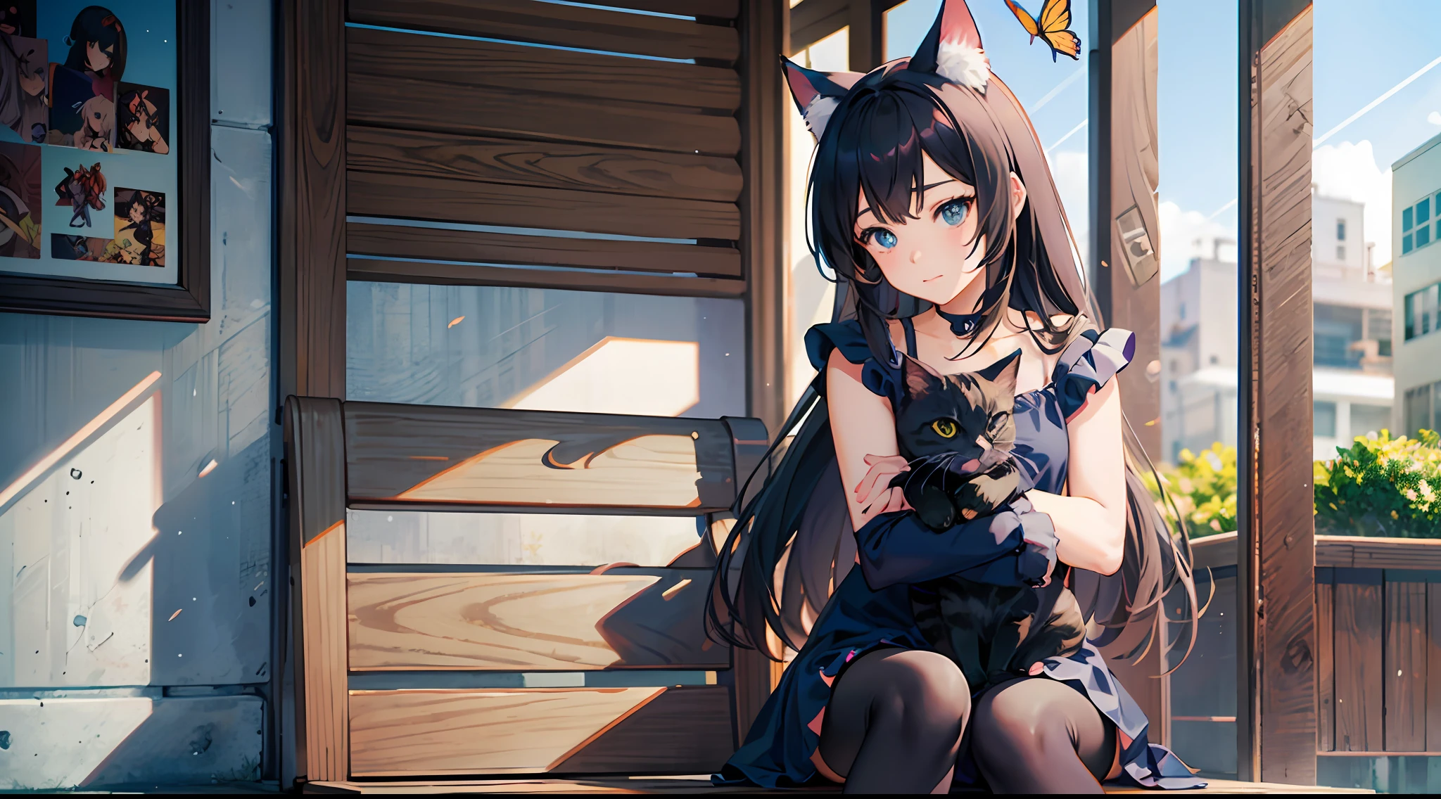 anime girl sitting on a bench with a cat and butterfly, realistic anime cat, realistic anime art style, kawaii realistic portrait, anime cat, beautiful anime catgirl, realistic anime artstyle, anime realism style, anime catgirl, very beautiful anime cat girl, realistic anime 3 d style, very beautiful cute catgirl, cute anime catgirl, in anime style