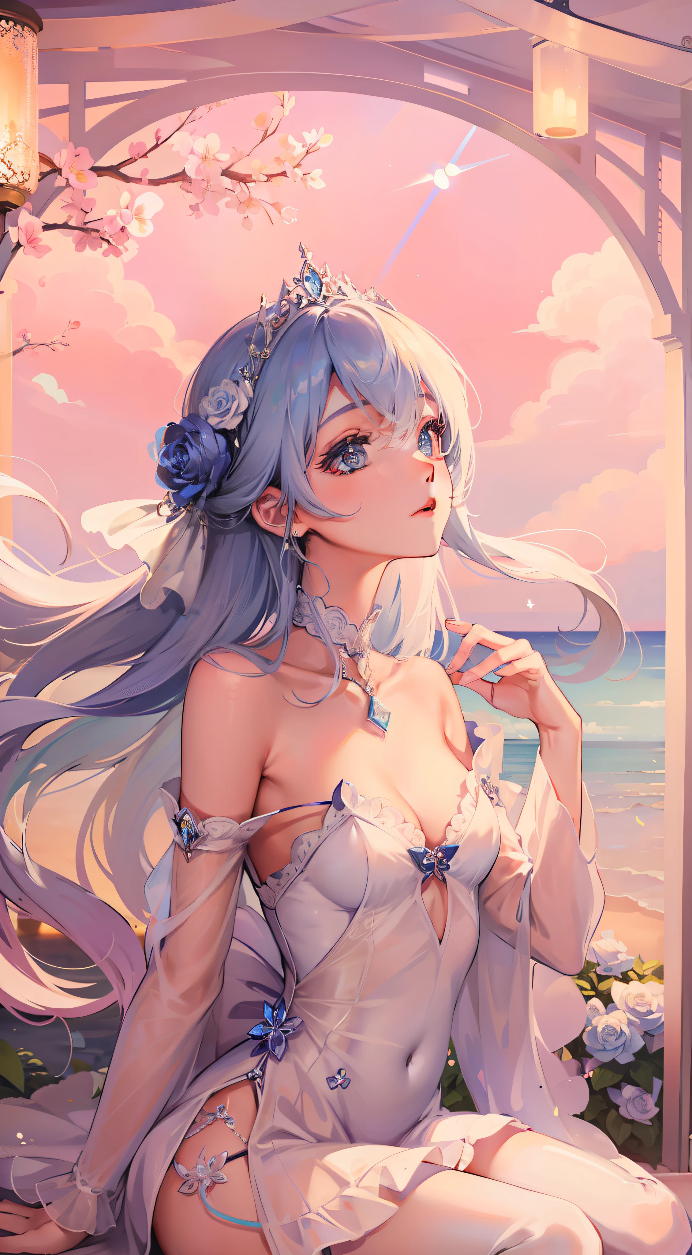 the blue moon、Blue sky、Soft blue clouds、Blue ocean waves sparkle、glinting、Sea blue roses、Fantasia、Diamonds、diadems、kosmos、Soft light、Girl looking up、
