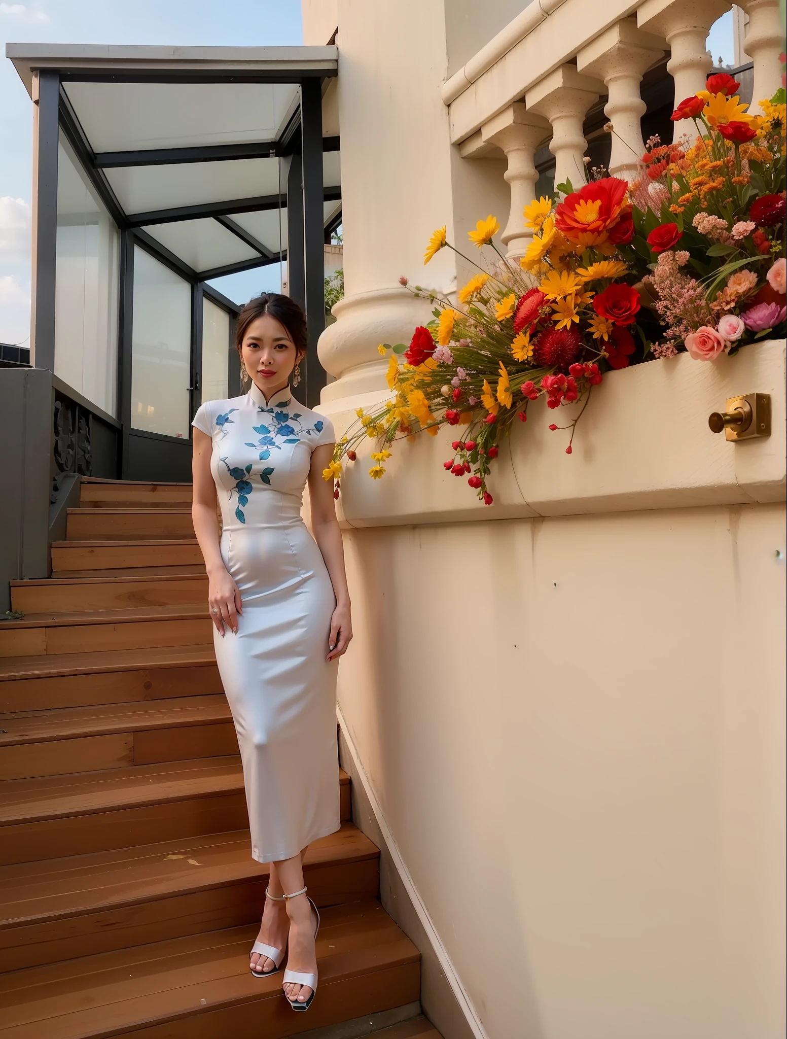 There was a woman standing on the steps of the building, height of 165cm, 155 cm tall, wearing elegant outfits, With flowers, Dressed in elegant dresses, Elegant and graceful, in a blue qipao, at the terrace, Elegant dress, soft silk dress, 🤬 🤮 💕 🎀, stunning elegant pose, wearing a blue qipao dress