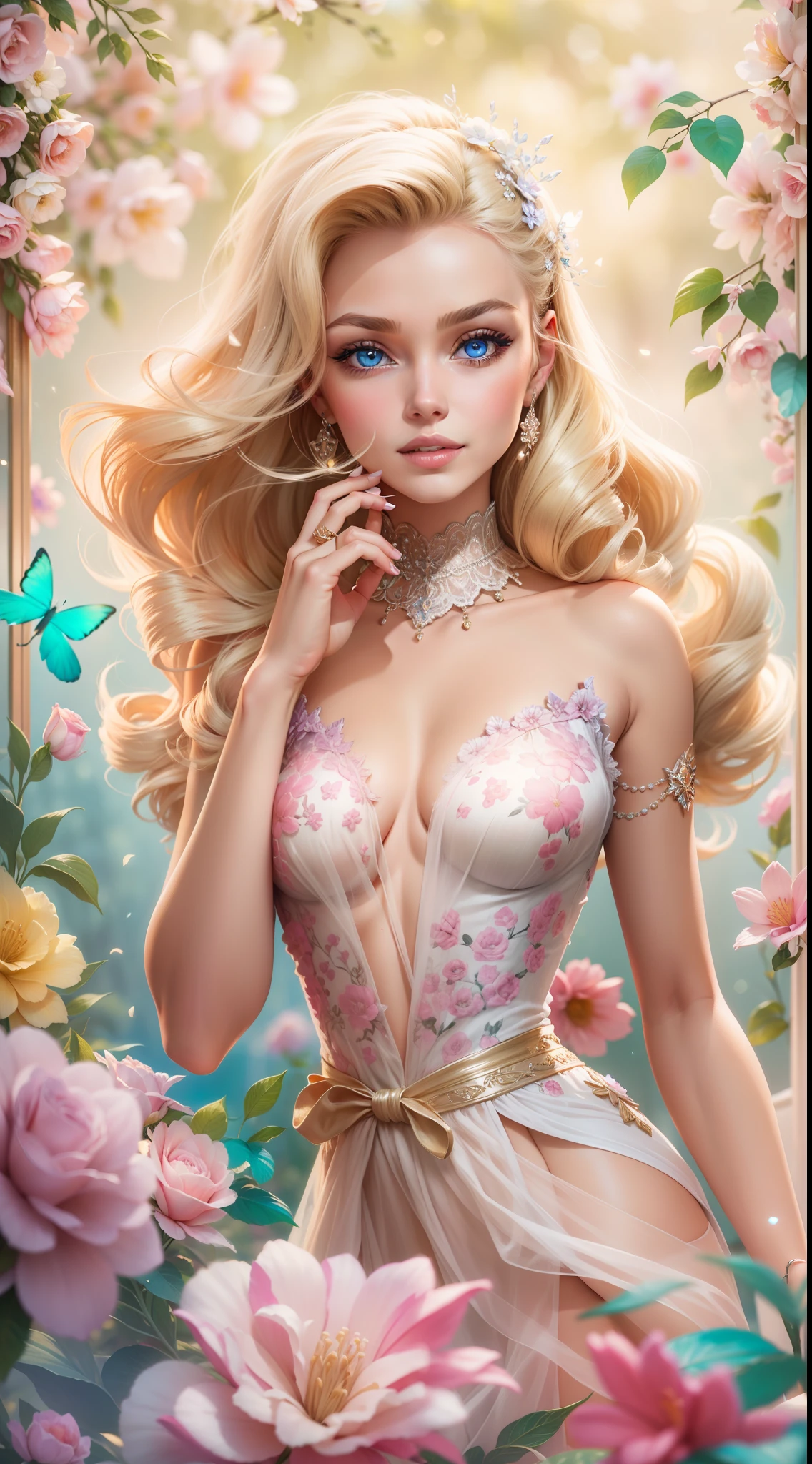 "A vibrant and glamorous Barbie doll portrait with impeccable details, capturing her elegance and charm in a high-resolution CG artwork. Radiant and flawless, the doll features a stylish outfit, stunning blue eyes, and perfectly styled (blonde hair:1.2). The soft lighting accentuates her beauty, while a hint of sparkle adds a touch of magic. Set against a dreamy background filled with pastel colors and delicate flowers, the composition creates a whimsical and enchanting atmosphere.+"