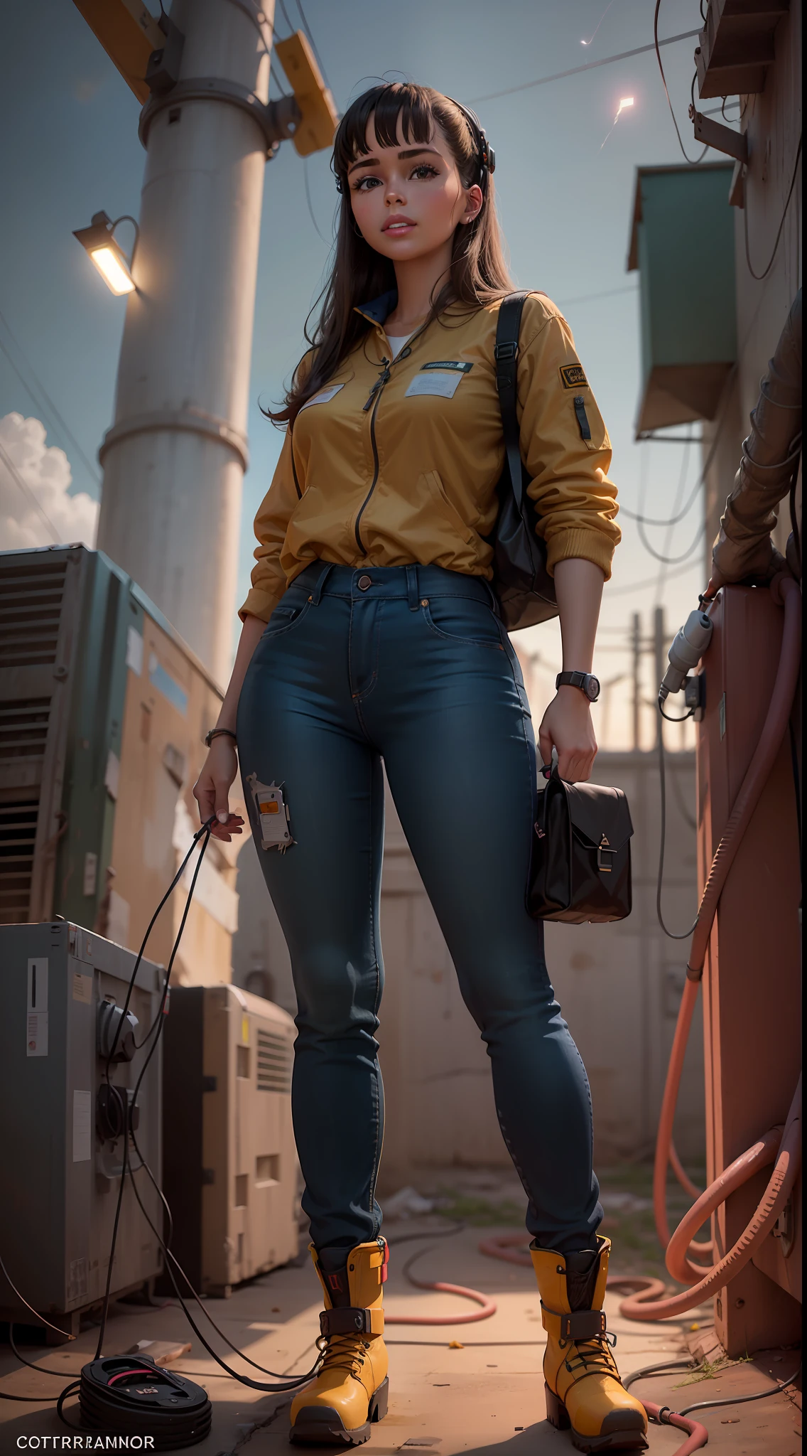 Create a realistic illustration of a dark-haired Brazilian Barbie doll, representing the profession of electrical engineer, Usando roupas de eletricista, capacete, Pants, botas de couro, com cinto de ferramentas, roupas surradas, in an outdoor work environment near large electrical transformers with sparks and electrical arcs in the background