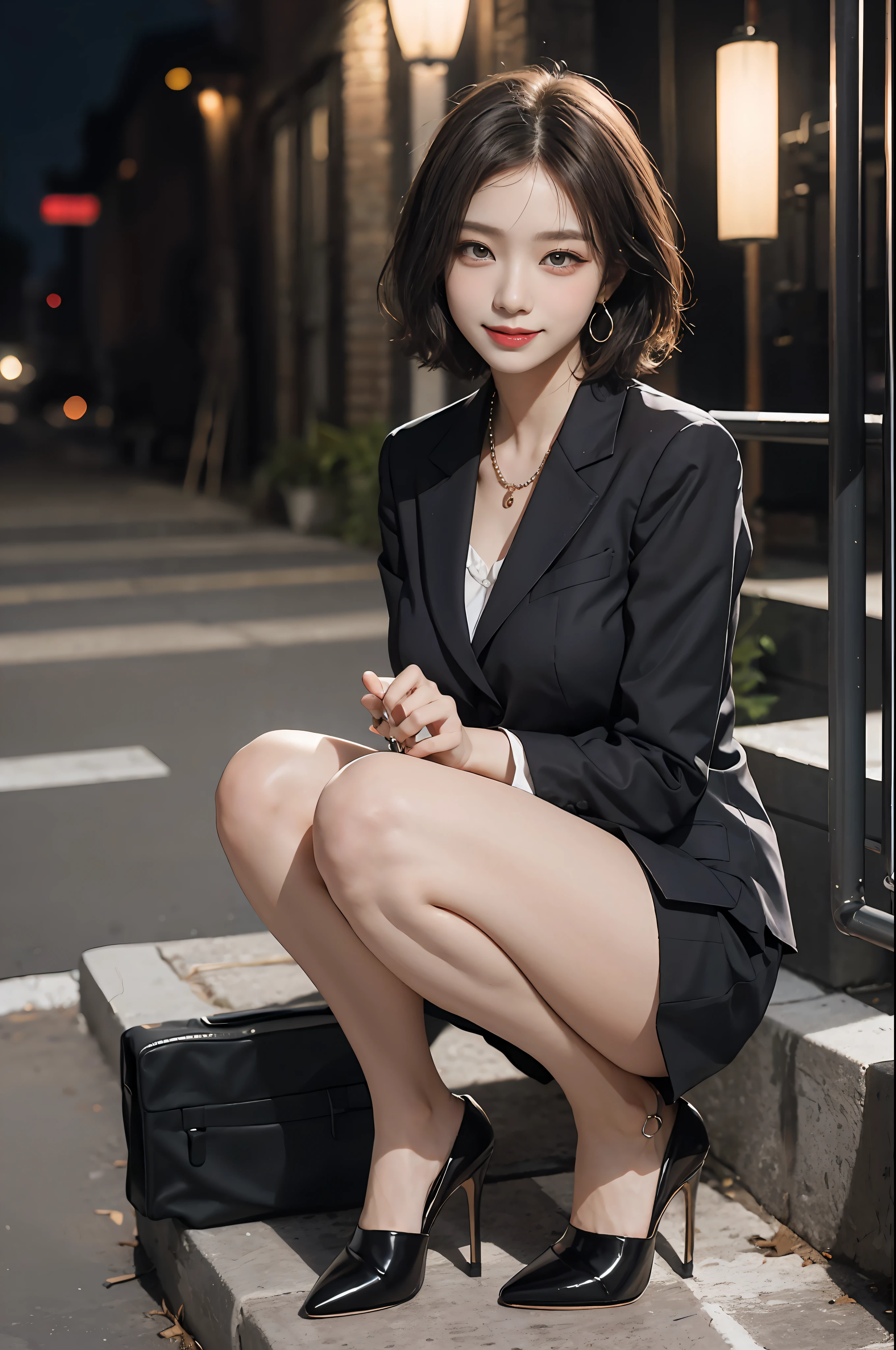 8K RAW photos, high resolution, slender Korean at , light brown hair, big round breasts, formal shirt, formal skirt, very thin mouth, duck mouth, smile,, beautiful eyes in detail, slit eyes, sanpaku eyes, dark cheeks, long eyelashes, beautiful double eyelids, eyeshadow, beautiful thin legs, stockings, necklaces, earrings, short hair, In front of the station at night, stairs at night, squatting, sitting, high-class high heels