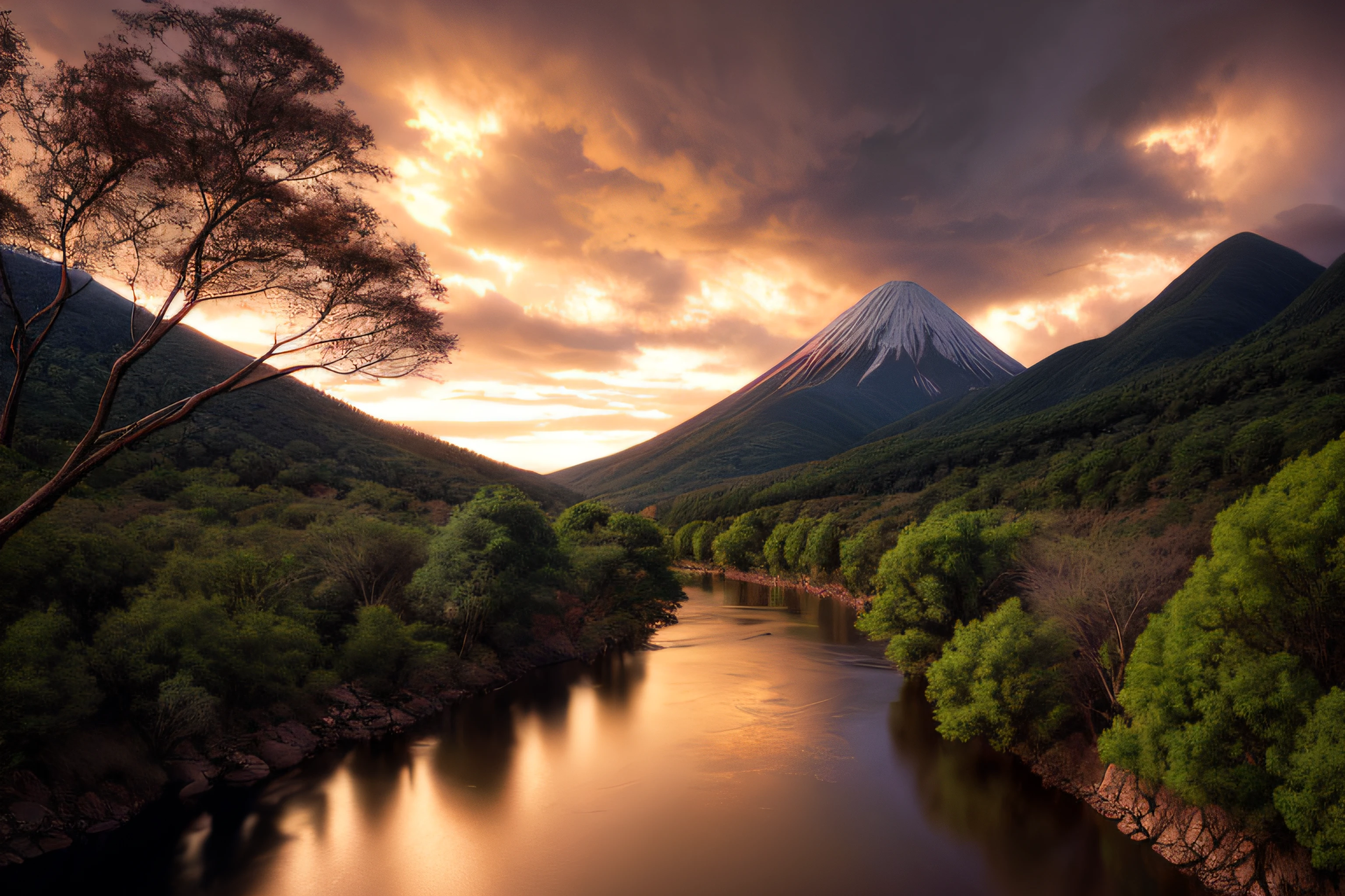 A stunning photograph of mountain and a river,golden hour lighting,rainy,happy,Photography, Photo Realistic, by Carr Clifton, by Greg Rutkowsky, Erik Johansson, Phil Koch, Joel Sternfeld, Kevin McNeal, Richard Mosse, highly detailed,8K, HDR, DSLR Camera, Fuji Film, National Geographic, Epic Composition