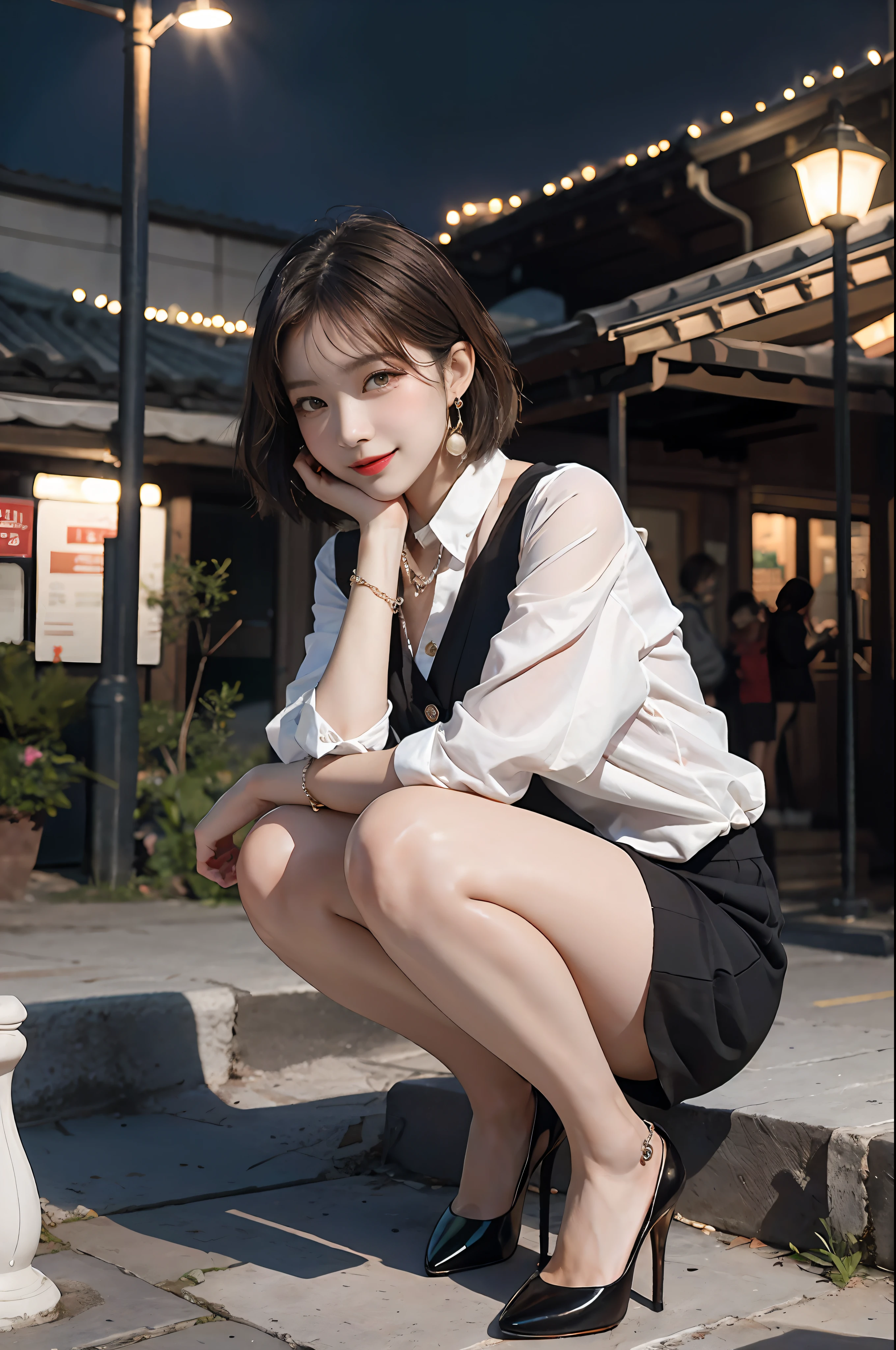8K RAW photos, high resolution, slender Korean at 17 years old, light brown hair, big round breasts, formal shirt, formal skirt, very thin mouth, duck mouth, smile,, beautiful eyes in detail, slit eyes, sanpaku eyes, dark cheeks, long eyelashes, beautiful double eyelids, eyeshadow, beautiful thin legs, stockings, necklaces, earrings, short hair, In front of the station at night, stairs at night, squatting, sitting, high-class high heels