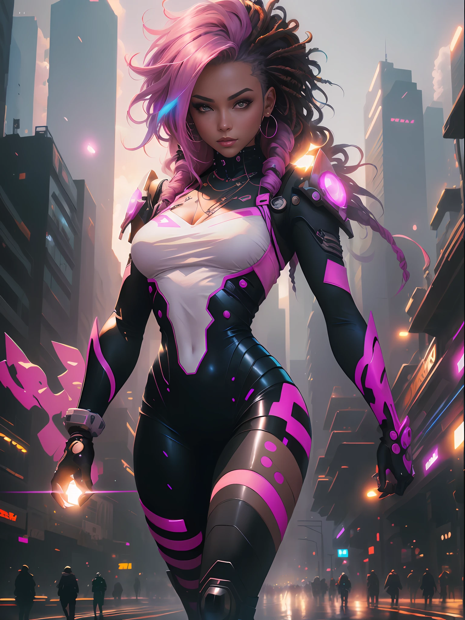 Cyber Girl em uma roupa preta e rosa andando por uma rua da cidade, Ross Tran 8 K, arte digital do anime cyberpunk, menina de anime cyberpunk feminino, estilo de arte cyberpunk, cyberpunk menina anime mech, rossdraw desenho animado vibrante, cyberpunk themed art, arte cyberpunk anime, garota anime cyberpunk, Artgerm Julie Bell Beeple, cyberpunk digital - arte de anime, Estilo Ross Tran
