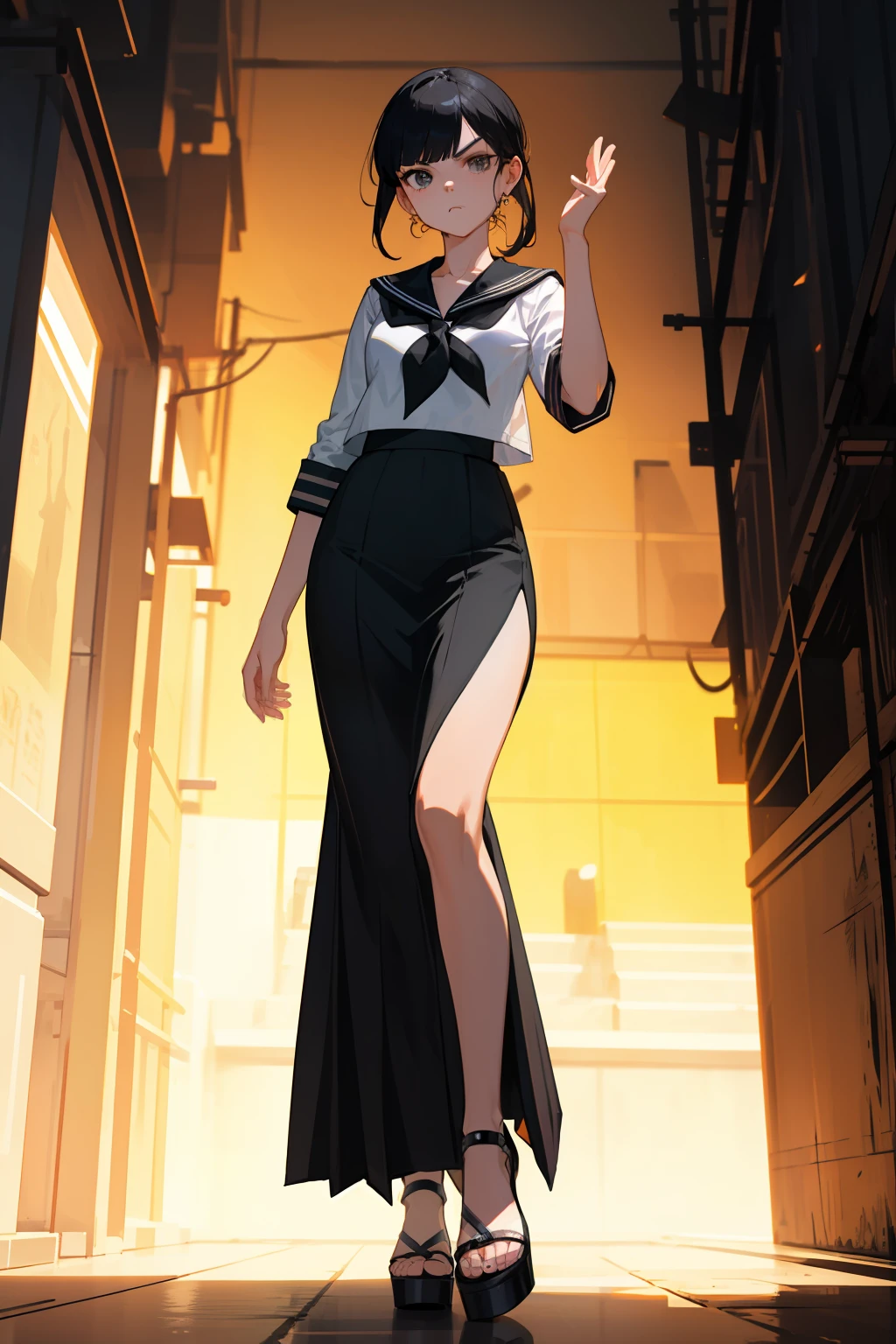 clearface,master piece,hyper quality, Hyper Detailed,Perfect drawing,nffsw,3D,8K,Illustration,a beauty girl,1girll,cabelos preto e longos、((Black sailor suit))、{pleatedskirt((Maxi skirt:1.3))}, Stand with your hands in your skirt pockets, ((Glaring at me sharply)), Beautiful girl with an amazing face, long eyelashes, Slum、 harems、 (High heel sandals)、Dark eyeliner,Outrage、beatiful backgrounds、Detailed drawing、Accurate drawing、Anatomy of the human body、(((Shot from diagonally below)))