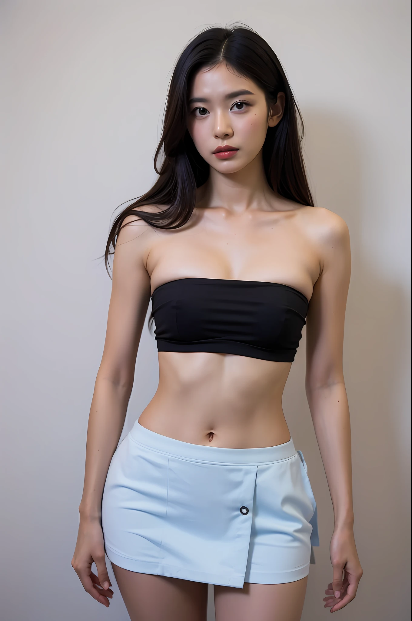 （Highly detailed body，Highly detailed face，Best quality at best：1.2） ，A woman who is，looki at viewer，Look to the lens，（Black bandeau，Skirt that wraps hips）(white backgrounid：1.2)