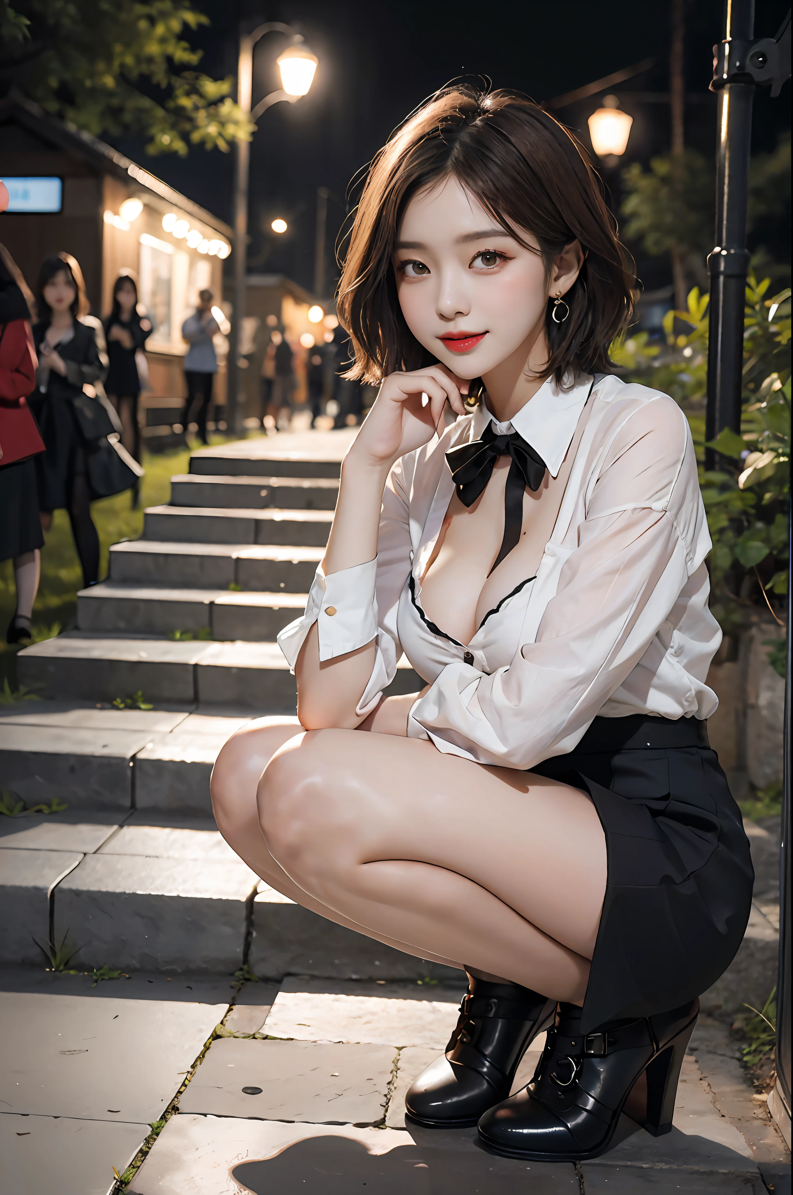 8K RAW photos, high resolution, slender Korean at 17 years old, light brown hair, big round breasts, formal shirt, formal skirt, very thin mouth, duck mouth, smile,, beautiful eyes in detail, slit eyes, sanpaku eyes, dark cheeks, long eyelashes, beautiful double eyelids, eyeshadow, beautiful thin legs, stockings, necklaces, earrings, short hair, In front of the station at night, stairs at night, squatting, sitting, high-class high heels