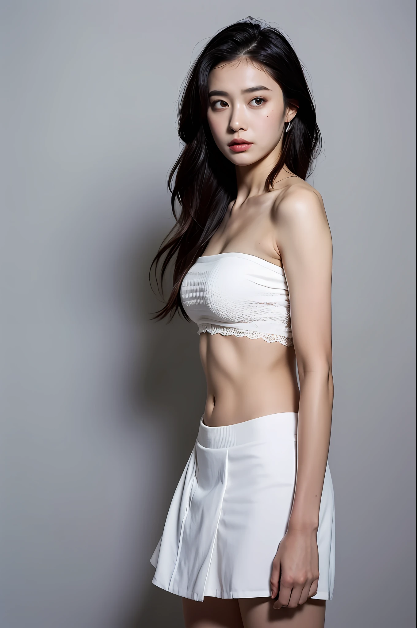 （Highly detailed body，Highly detailed face，Best quality at best：1.2） ，A woman who is，looki at viewer，Look to the lens，（Black bandeau，Skirt that wraps hips）(white backgrounid：1.2)
