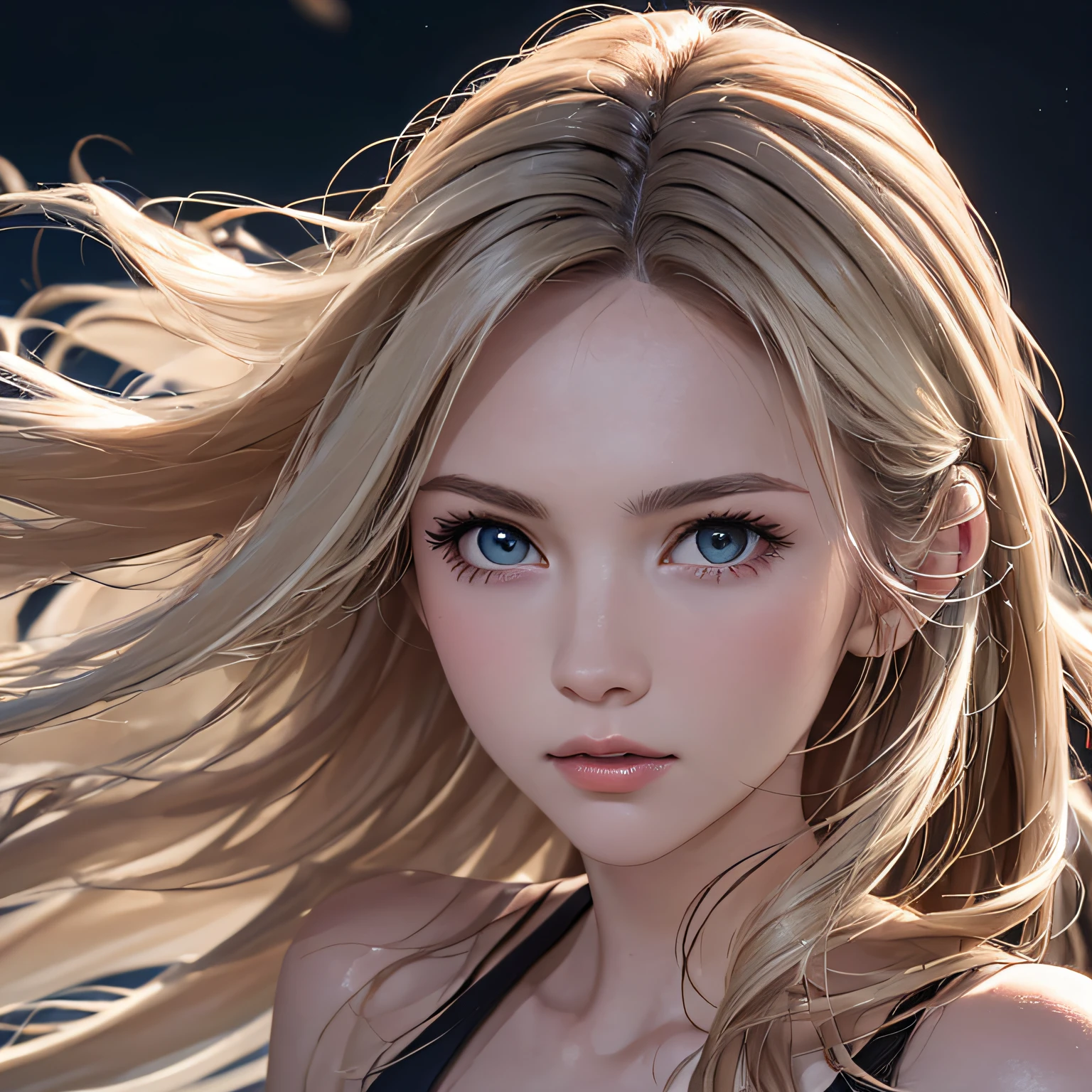 (8K, RAW Photos, of the highest quality, Masterpieces: 1.2), (Realistic, Photorealistic: 1.37), Highest Quality, Ultra High Resolution, light leaks, Dynamic lighting, Slim and smooth skin, (Full body:1.3), (Soft Saturation: 1.6), (Fair skin: 1.2), (Glossy skin: 1.1), Oiled skin, 22 years old, Night, shiny white blonde, Well-formed, Hair fluttering in the wind, Close-up shot of face only, Physically Based Rendering, From multiple angles