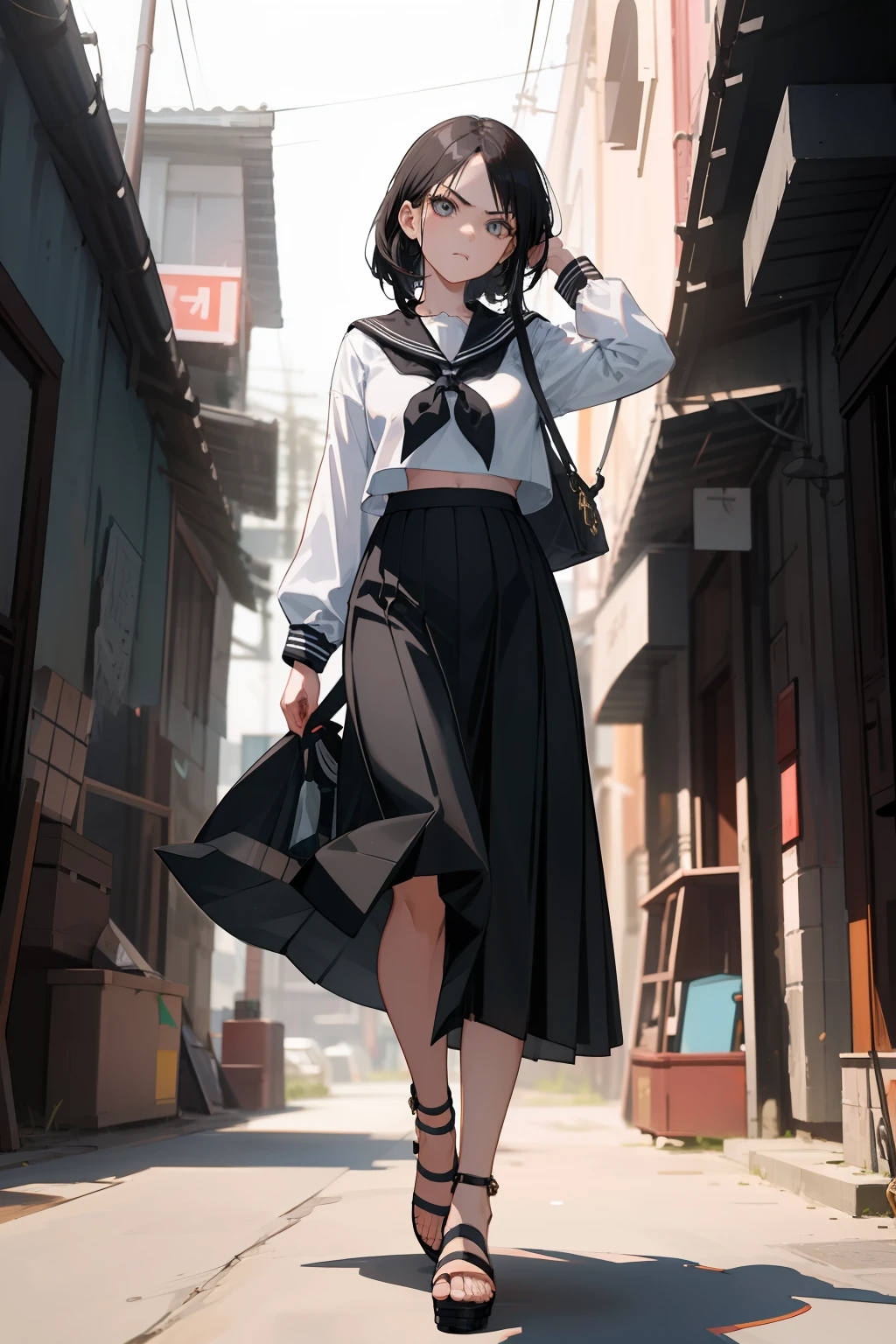 clearface,master piece,hyper quality, Hyper Detailed,Perfect drawing,nffsw,3D,8K,Illustration,a beauty girl,1girll,cabelos preto e longos、((Black sailor suit))、{pleatedskirt((Maxi skirt:1.3))}, Stand with your hands in your skirt pockets, ((Glaring at me sharply)), Beautiful girl with an amazing face, long eyelashes, Slum、 harems、 (High heel sandals)、Dark eyeliner,Outrage、beatiful backgrounds、Detailed drawing、Accurate drawing、Anatomy of the human body、(((Shot from diagonally below)))