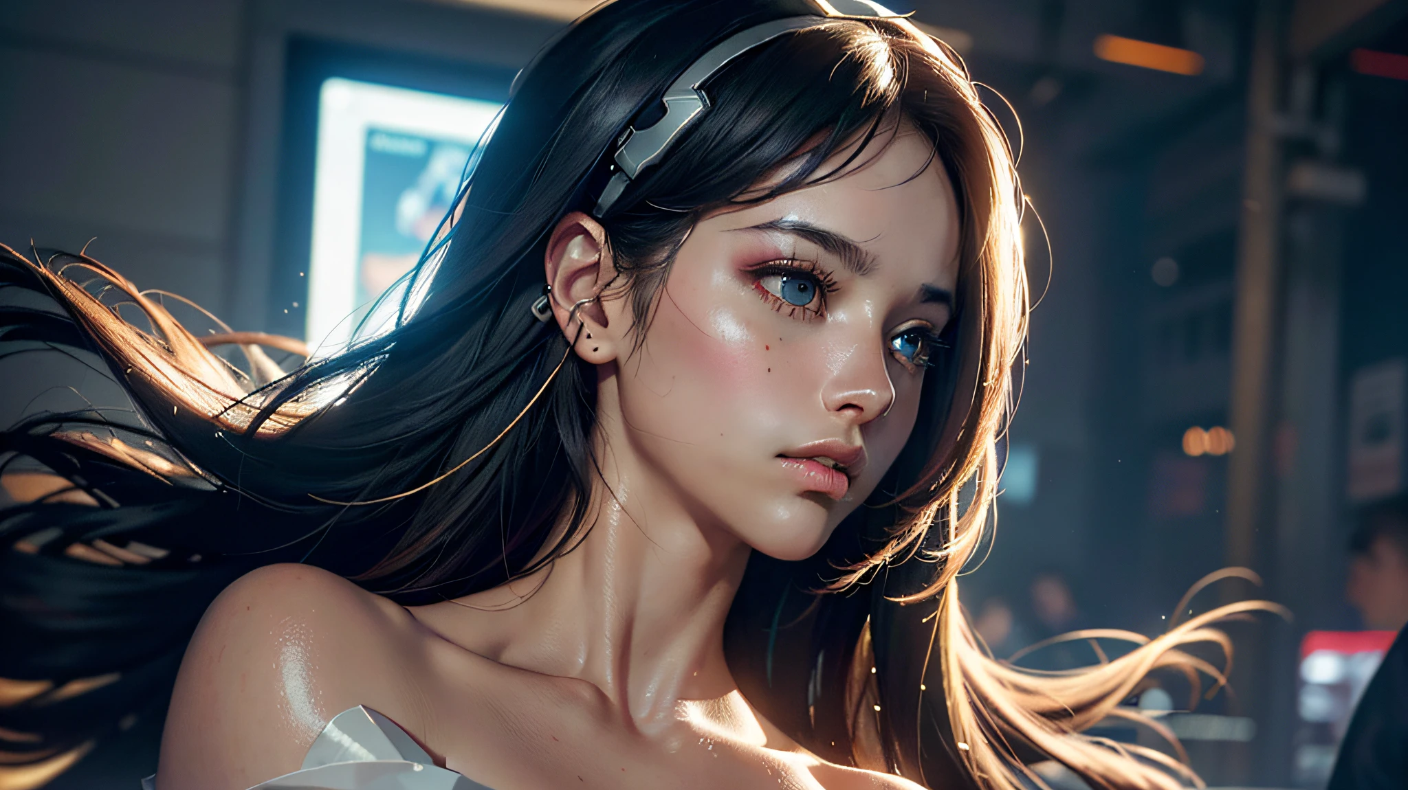 Side view of the entire body of a demonic girl, olhos vermelhos, trajando um vestido celta em preto e dourado estilo armadura, trajes quase transparentes, rosto de menina modelo de olhos de cor azul profundo, Ethereal sky as background, beleza abstrata, peito descoberto, barriga descoberta, Fios, Circuitos, senso de movimento, Cinematic light, altamente detalhado, Octane render, filmic, detalhes intrincados, obra de arte, pintura fosca, trending on ArtStation, arte conceitual mista baseada em Brian Froud, Wadim Kashin e John William Waterhouse.