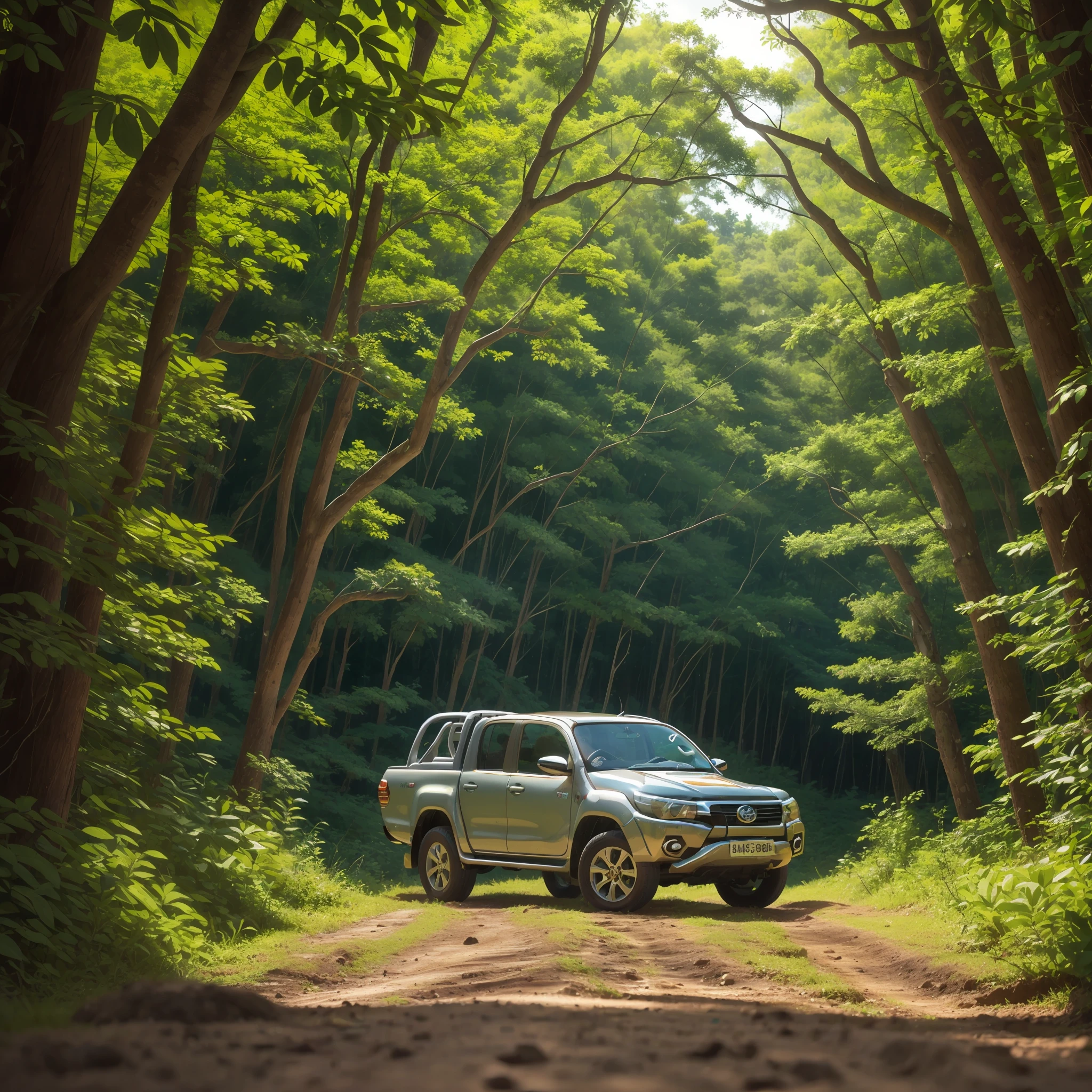 Vista lateral de uma Toyota hilux modelo 2013 cor prata,  on an unpaved road in the middle of a forest --auto