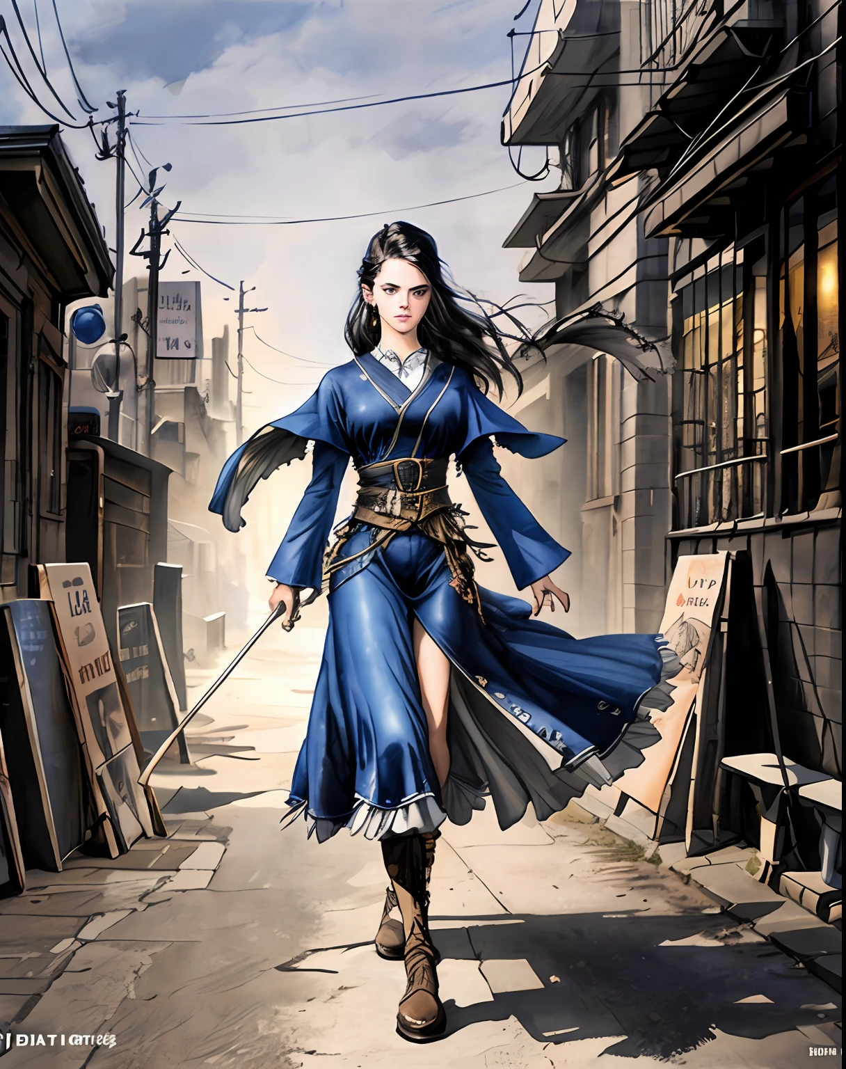 1girl walking down a street in the style of jean giraud moebius, moebius comic art, cinematic, detailed, beautiful lighting, oil painting, hyperrealistic, 8k, 3d, wide angle, trending on artstation, behance, deviantart and cgsociety, concept art, smooth, sharp focus, illustration, unreal engine 5