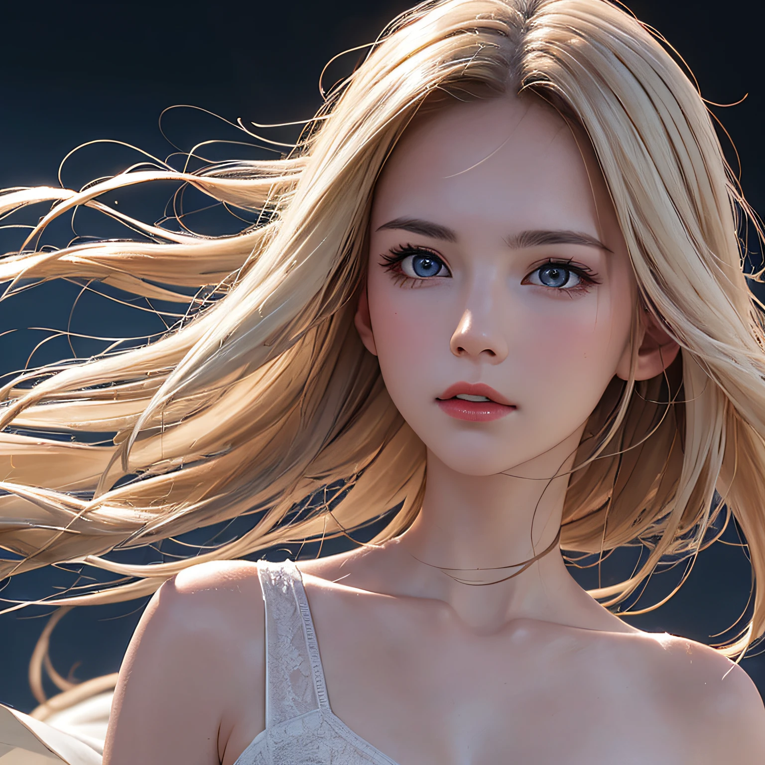 (8K, RAW Photos, of the highest quality, Masterpieces: 1.2), (Realistic, Photorealistic: 1.37), Highest Quality, Ultra High Resolution, light leaks, Dynamic lighting, Slim and smooth skin, (Full body:1.3), (Soft Saturation: 1.6), (Fair skin: 1.2), (Glossy skin: 1.1), Oiled skin, 22 years old, Night, shiny white blonde, Well-formed, Hair fluttering in the wind, Close-up shot of face only, Physically Based Rendering, From multiple angles