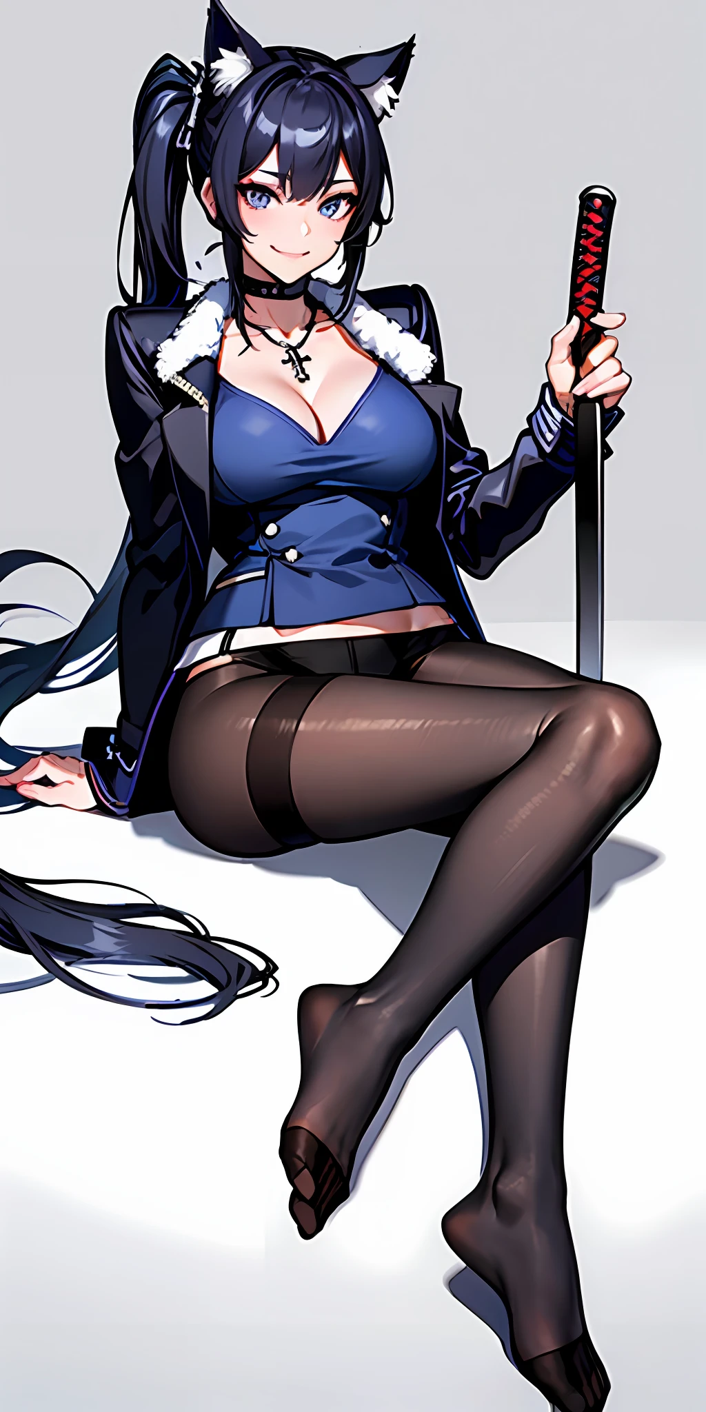 8K, HD, (original: 1.2), (far shot), (realistic: 1.3) (mixed Korean), masterpiece, best quality, beautiful clean face, fullbody, 1girl, (with cat-ears on head), fur, wearing black techwear jacket and trousers with buckle and tape, ((a crystal necklace)), carrying a big backpack, posing for a picture, (side ponytail with cobalt highlights), long legs, holding one katana,exquisitely painted katana, big happy warm smile, a huge cross sculpture behind huge breasts , showing feet,showing feet soles,legs_up,{feet_up}, lying,leg_lift, feet,{{{cameltoe}}}, panties over pantyhose