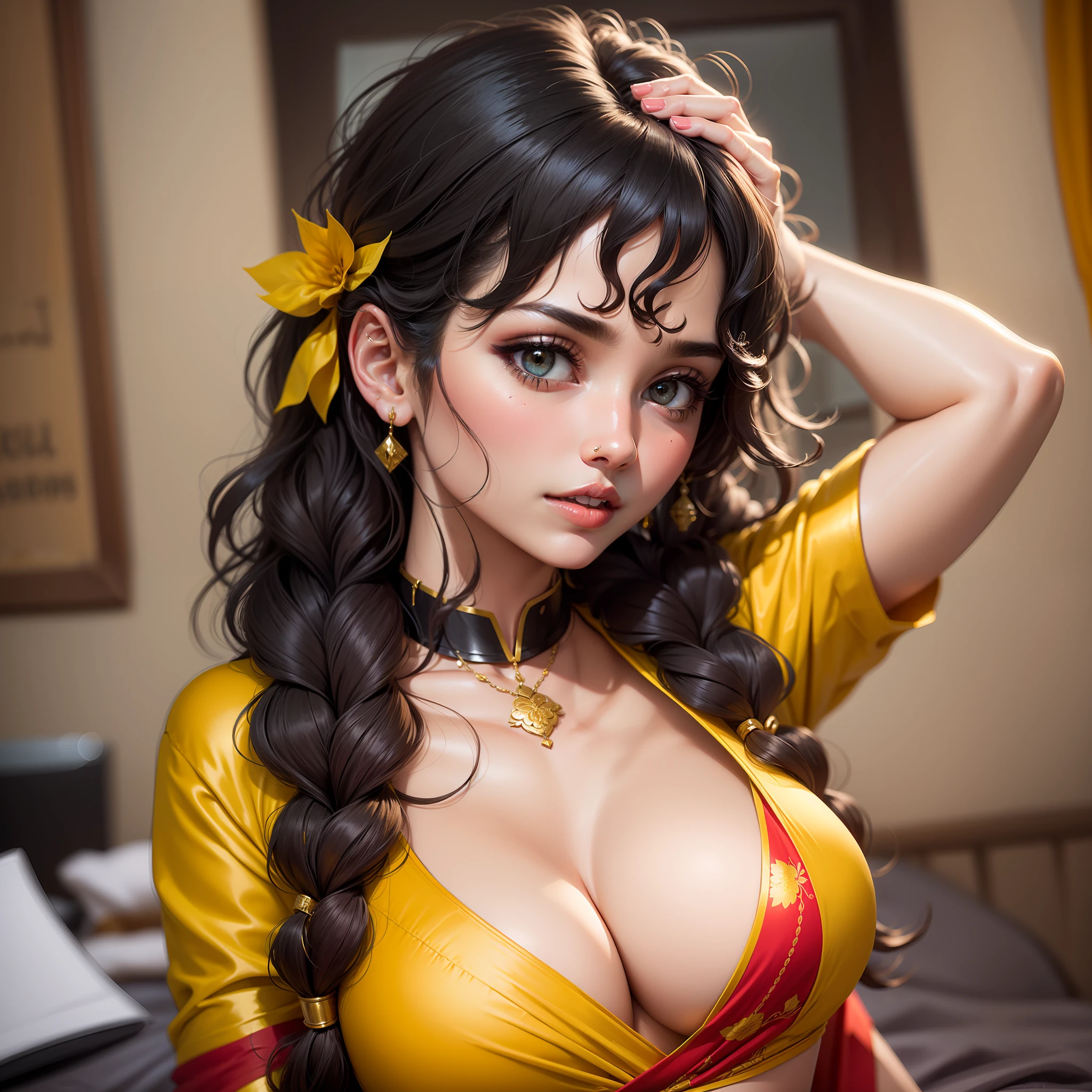Sexy and cute woman, black curly hair, braids, low neck revealing yellow blouse, dark red saree
