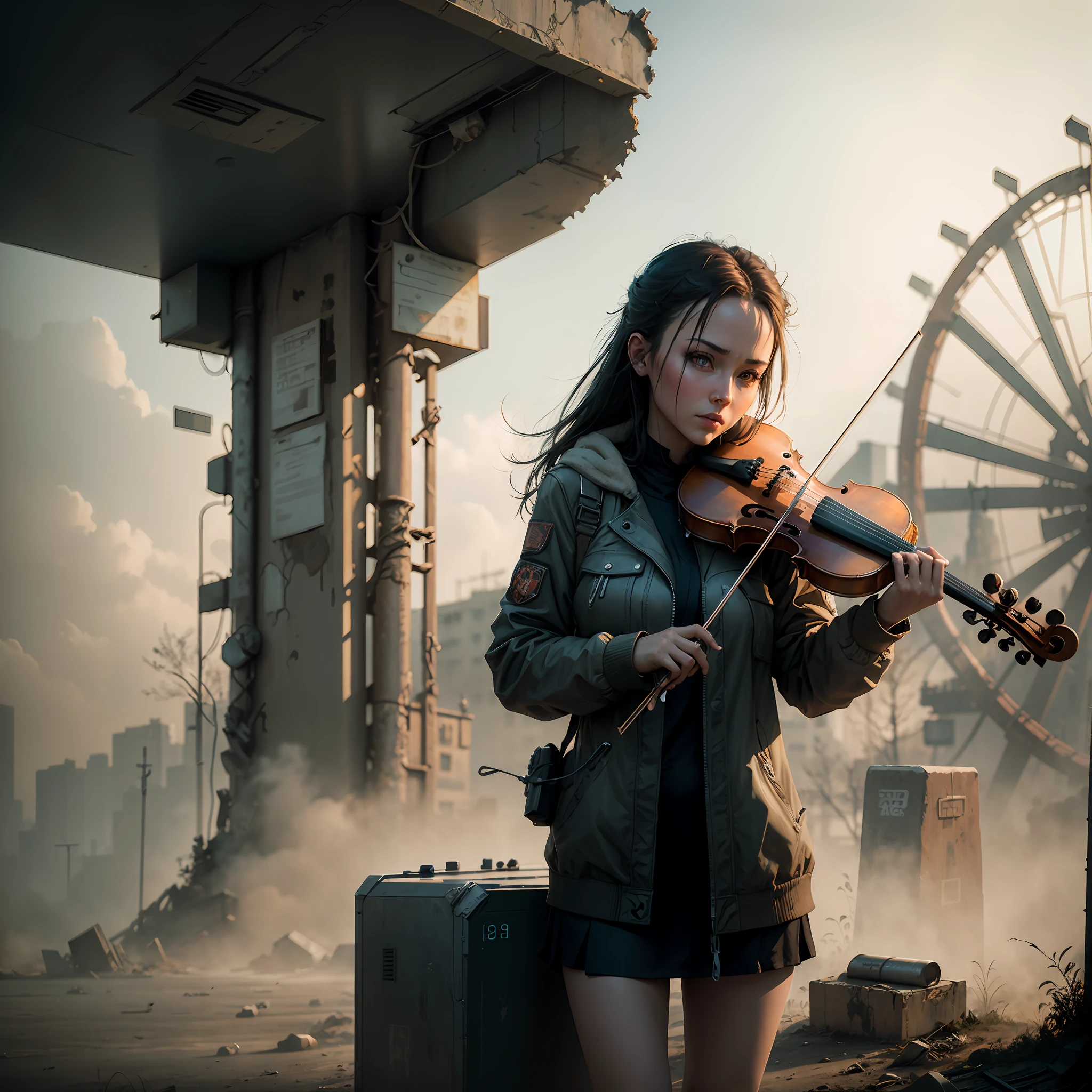 There's a woman who's playing the violin in the dirt, cinemactic. por leng jun, In a post-apocalyptic setting, cinematic photograph concept art, in a post-apocalyptic amusement park, in a post apocalyptic city, great composition cinematic, Set in Ukraine in the post-apocalyptic City of Chernobyl, in a ruined amusement park, post - apocalyptic vibe, Foto cyberpunk, cinematic atmospheric photo, Wojtek FUS